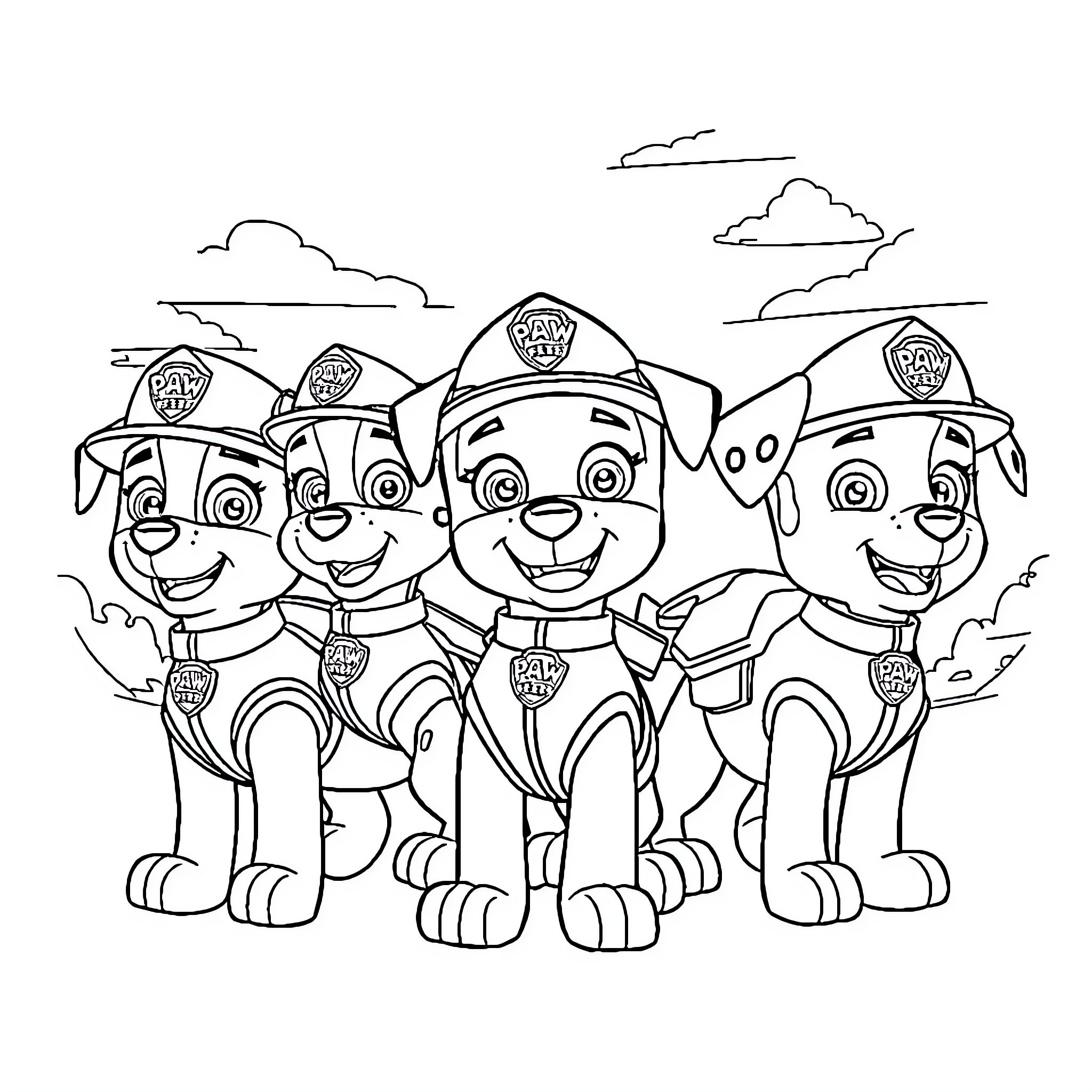 Paw Patrol Puppies in Uniform Posing Together Coloring Page (free black-and-white line drawing printable PDF for all, from beginners to advanced learners, including children, teens, adults, and seniors)