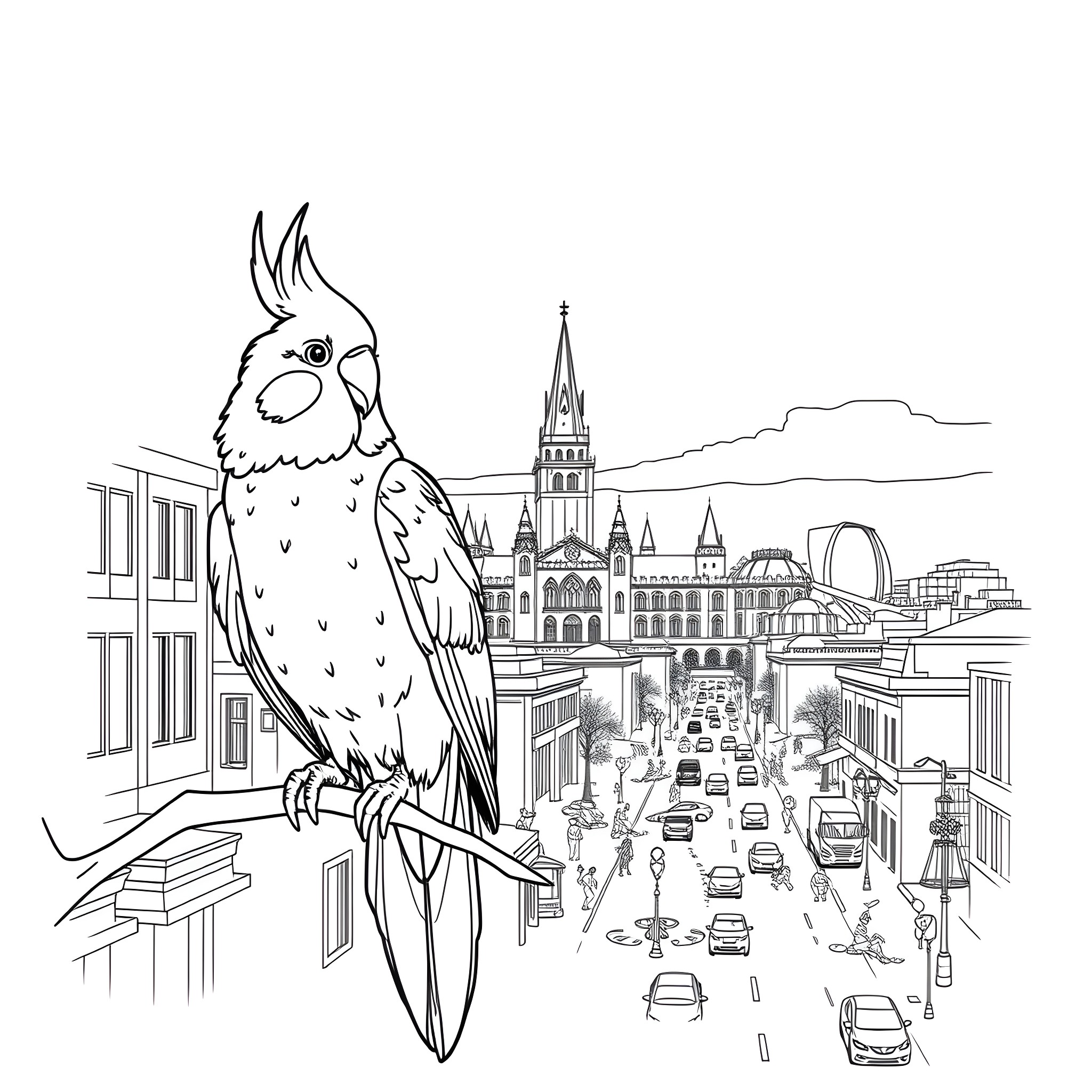 Cockatiel perching on a city rooftop Coloring Page (free black-and-white line drawing printable PDF for all, from beginners to advanced learners, including children, teens, adults, and seniors)