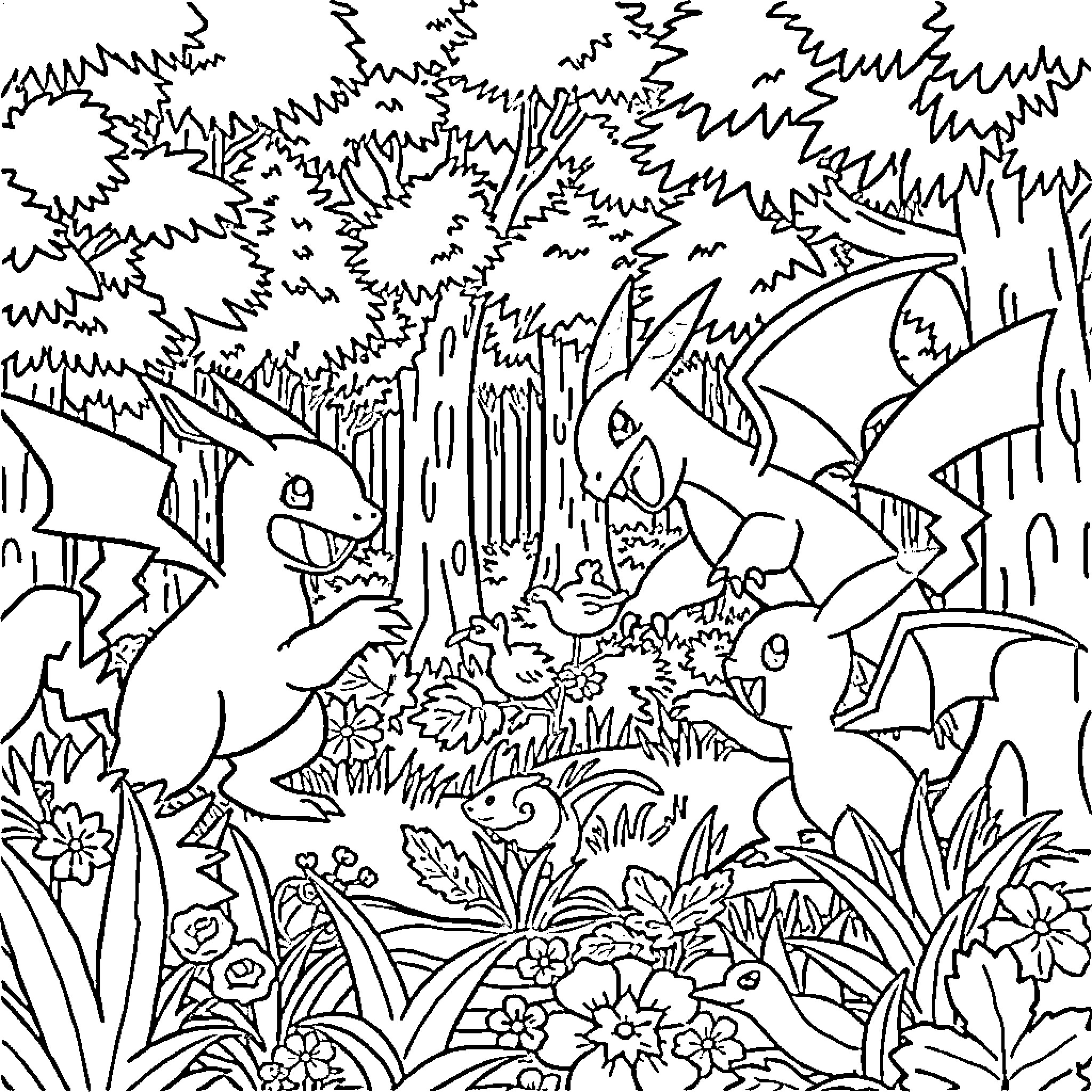 Pokémon frolicking in a lush forest landscape Coloring Page (free black-and-white line drawing printable PDF for all, from beginners to advanced learners, including children, teens, adults, and seniors)