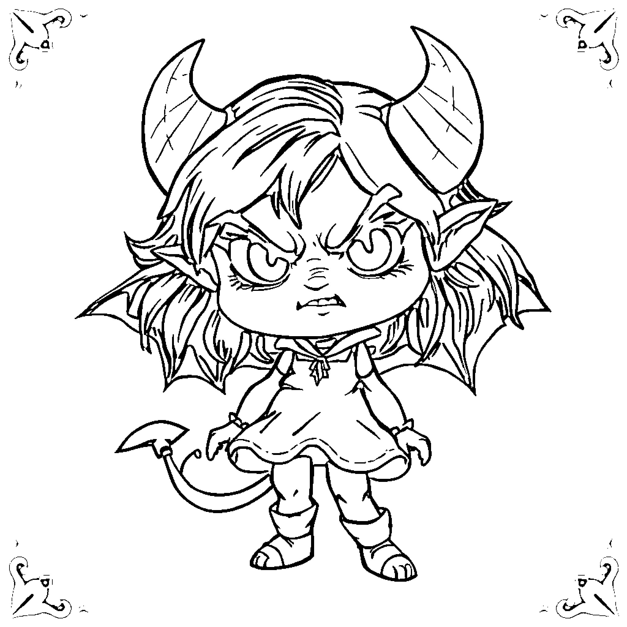 Demon Chibi Girl with Horns and Tail Coloring Page (free black-and-white line drawing printable PDF for all, from beginners to advanced learners, including children, teens, adults, and seniors)