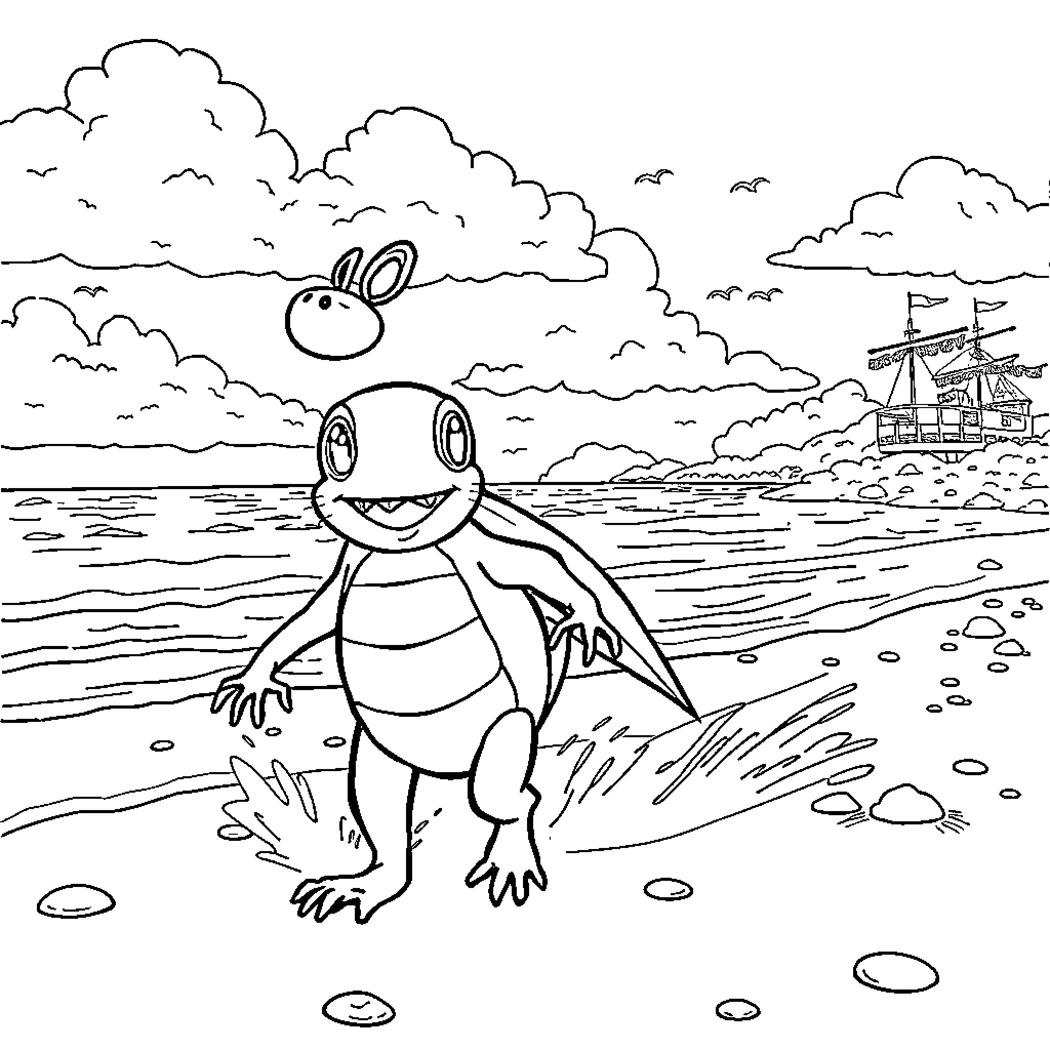 Paw Patrol Frog Exploring the Beach Coloring Page (free black-and-white line drawing printable PDF for all, from beginners to advanced learners, including children, teens, adults, and seniors)