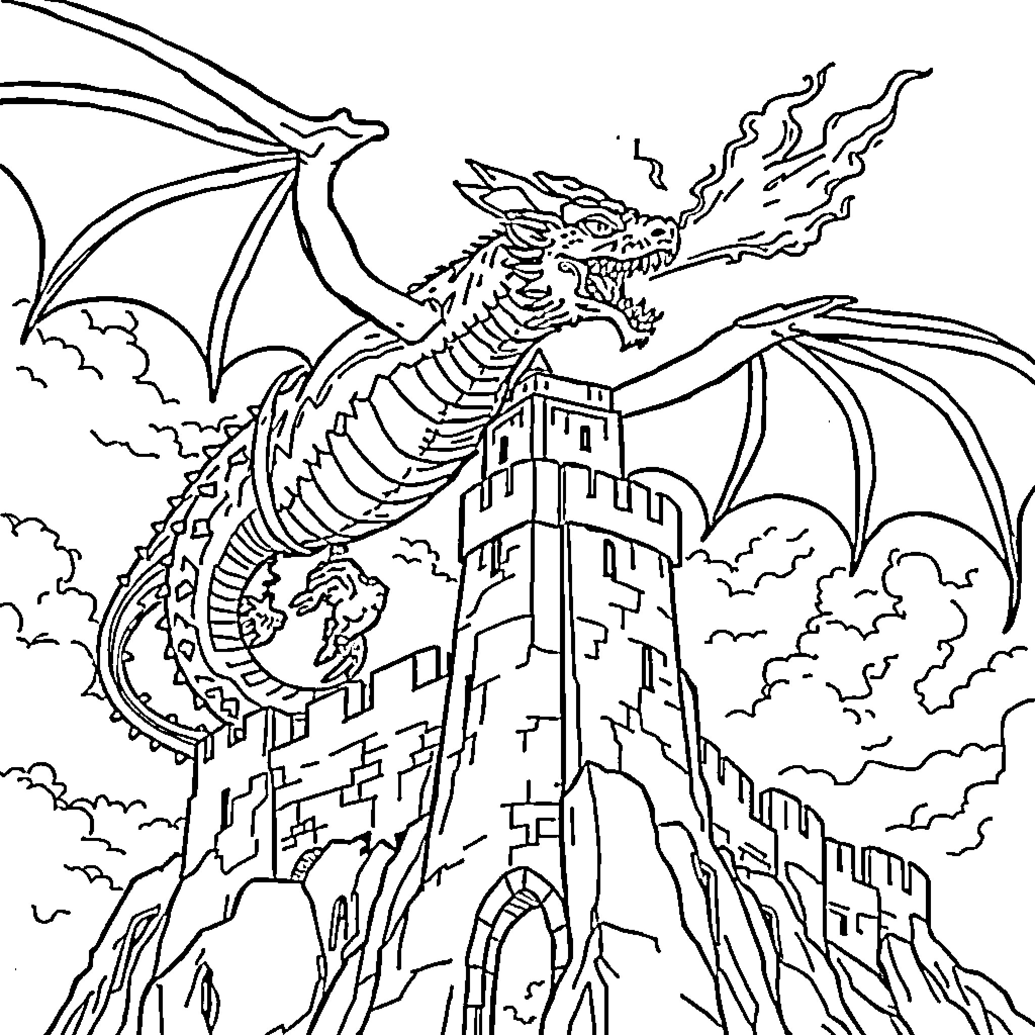 Dragon guarding a majestic castle in the clouds Coloring Page (free black-and-white line drawing printable PDF for all, from beginners to advanced learners, including children, teens, adults, and seniors)