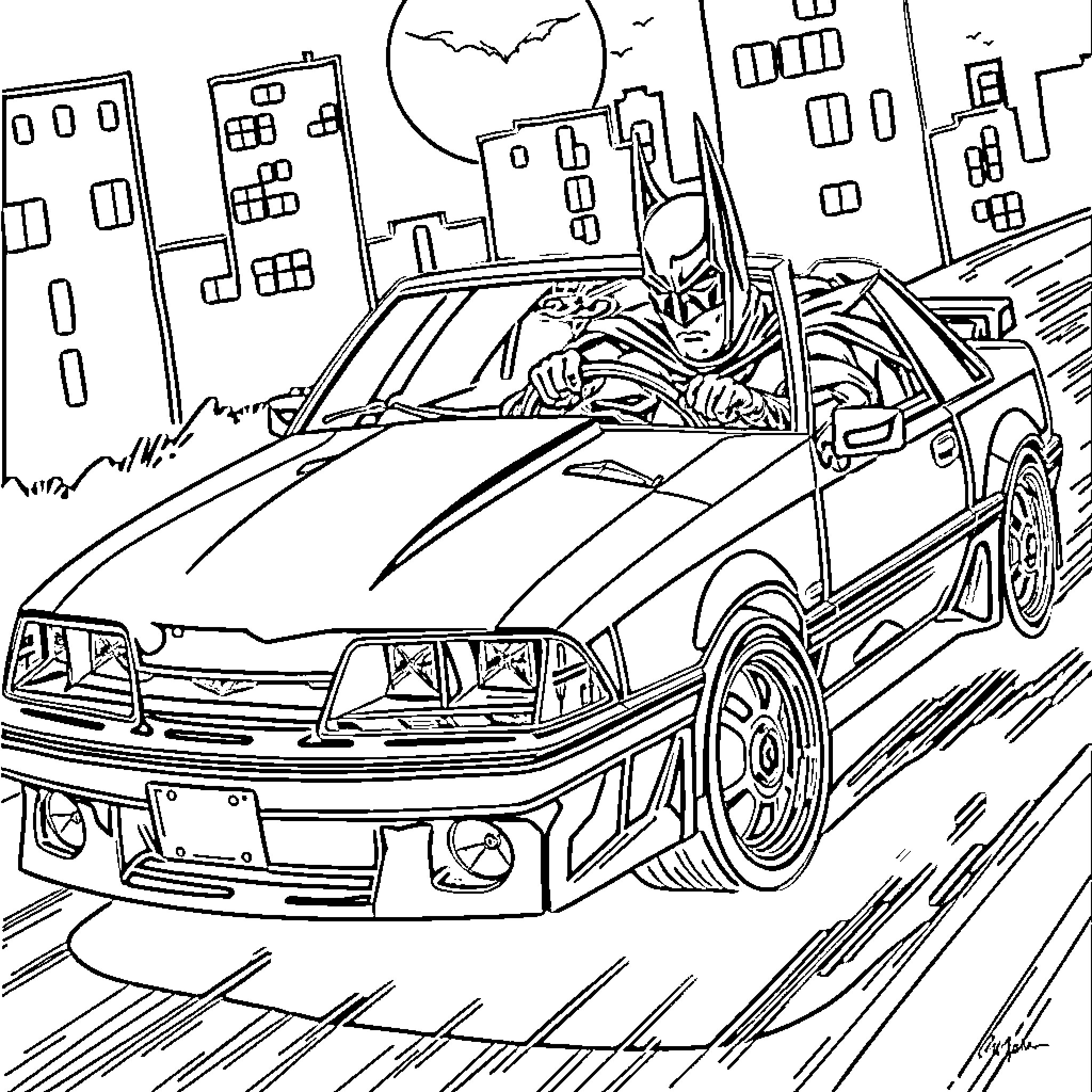 Batman speeding through the city streets in his Batmobile Coloring Page (free black-and-white line drawing printable PDF for all, from beginners to advanced learners, including children, teens, adults, and seniors)