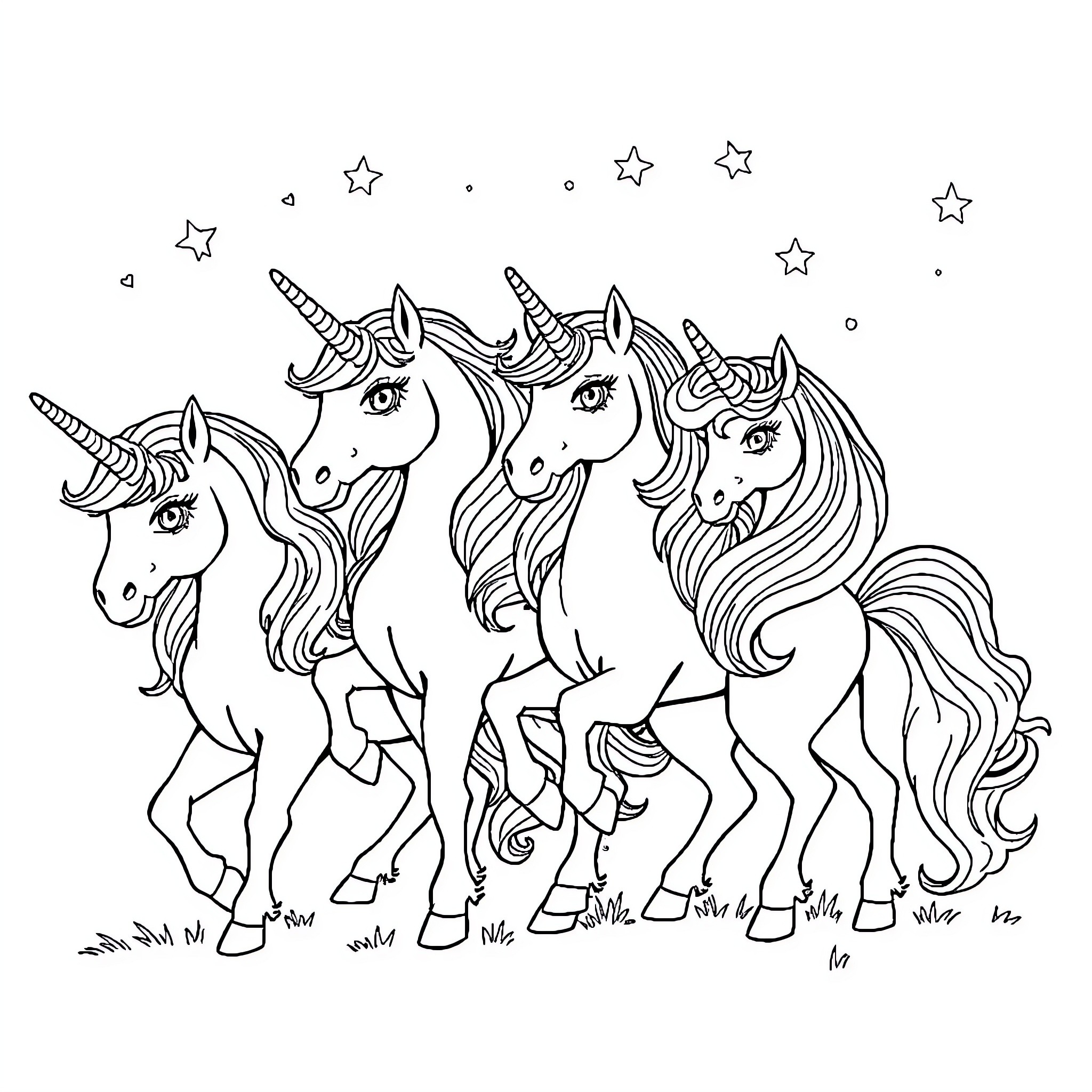 My Hero Academia Unicorns Prancing with Stars Coloring Page (free black-and-white line drawing printable PDF for all, from beginners to advanced learners, including children, teens, adults, and seniors)