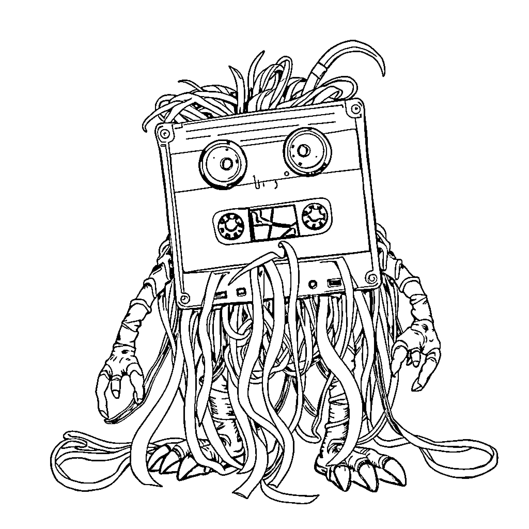 Cassette Tape Monster with Tentacles and Claws Coloring Page (free black-and-white line drawing printable PDF for all, from beginners to advanced learners, including children, teens, adults, and seniors)