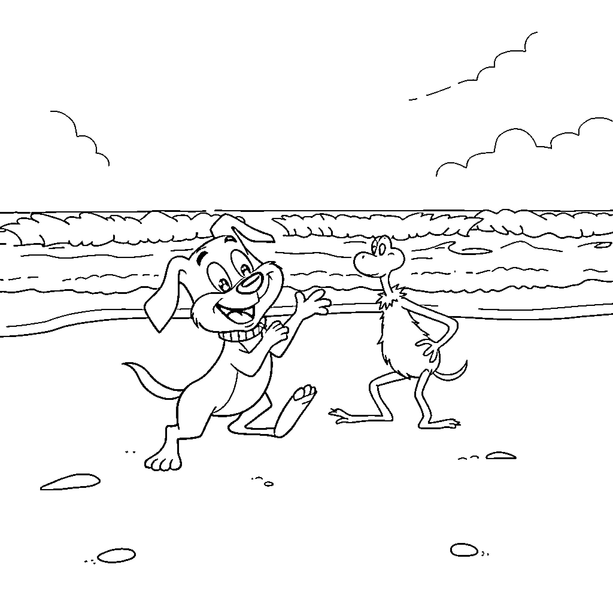 Bluey and Bingo play at the beach Coloring Page (free black-and-white line drawing printable PDF for all, from beginners to advanced learners, including children, teens, adults, and seniors)