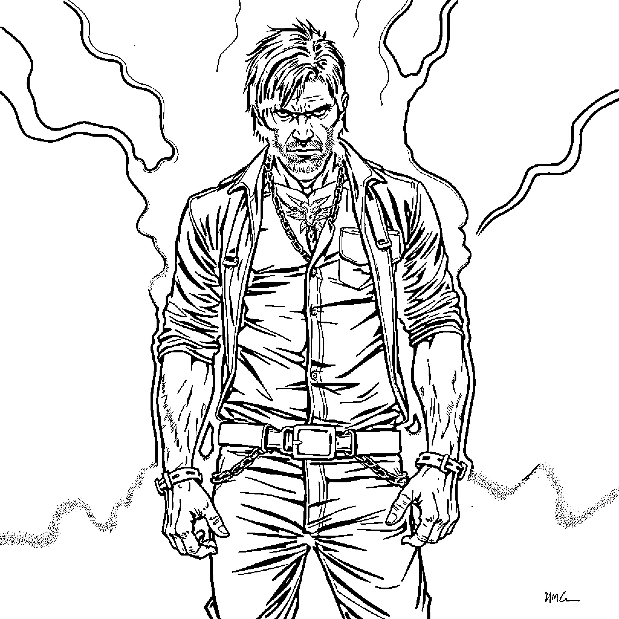Norman Reedus as a brooding, intense character Coloring Page (free black-and-white line drawing printable PDF for all, from beginners to advanced learners, including children, teens, adults, and seniors)