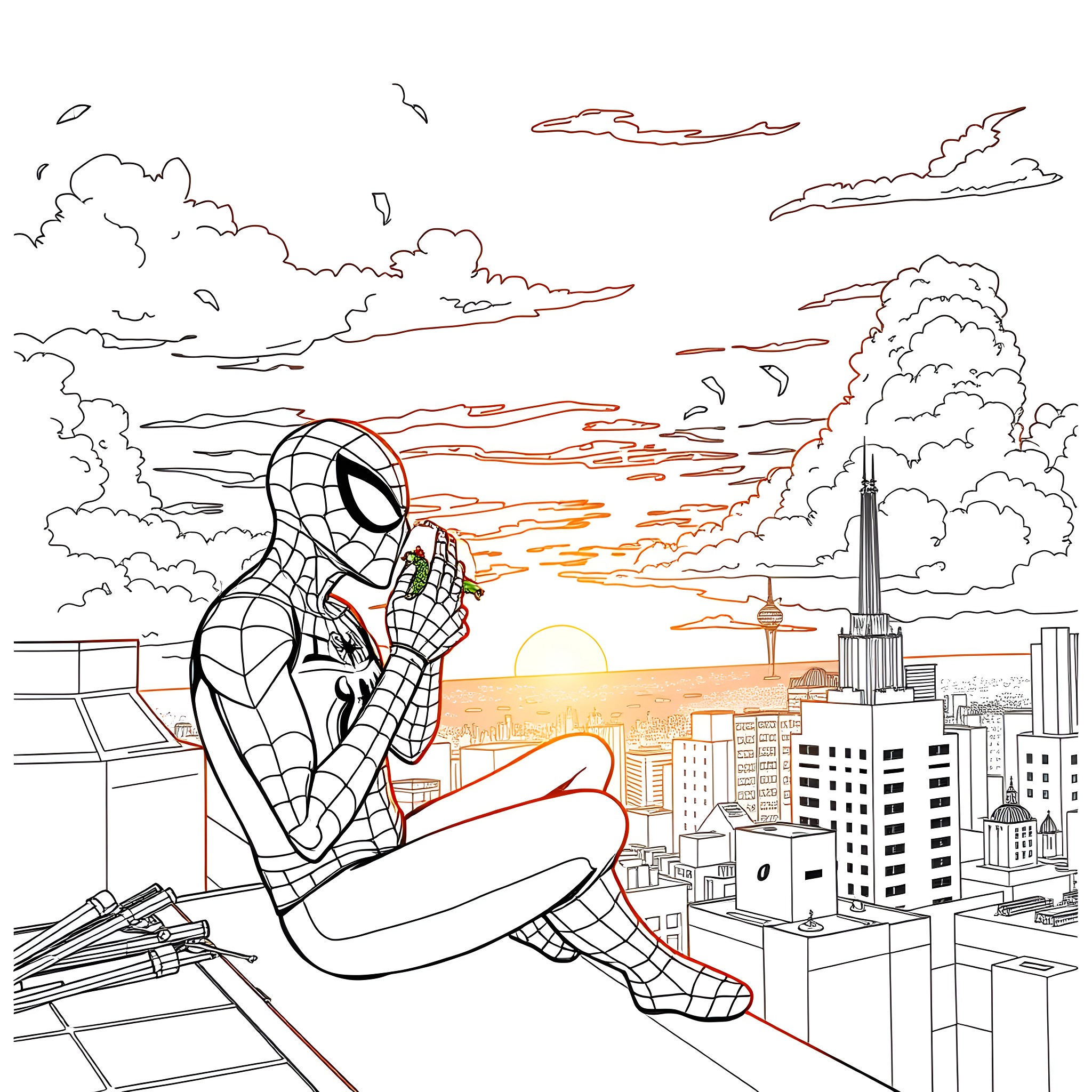 Spiderman overlooking the city at sunset Coloring Page (free black-and-white line drawing printable PDF for all, from beginners to advanced learners, including children, teens, adults, and seniors)