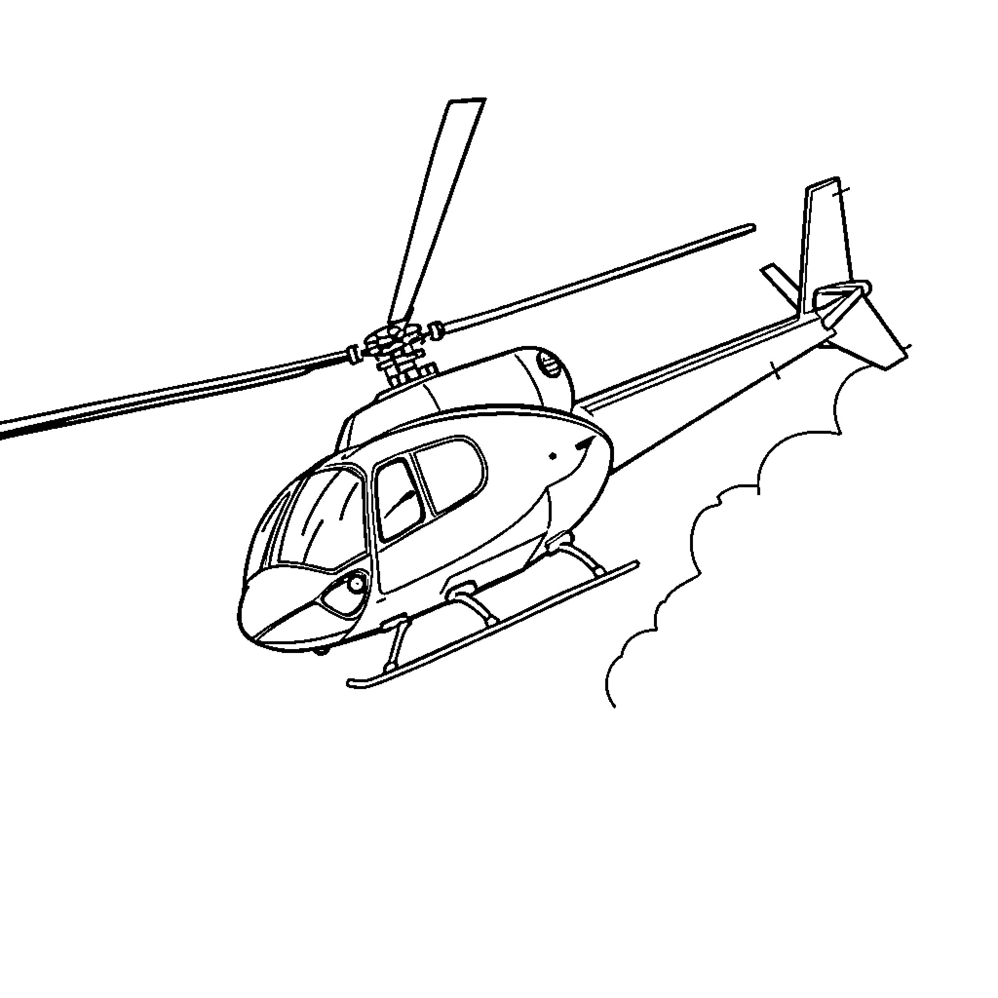 Airwolf helicopter in action with propellers spinning Coloring Page (free black-and-white line drawing printable PDF for all, from beginners to advanced learners, including children, teens, adults, and seniors)