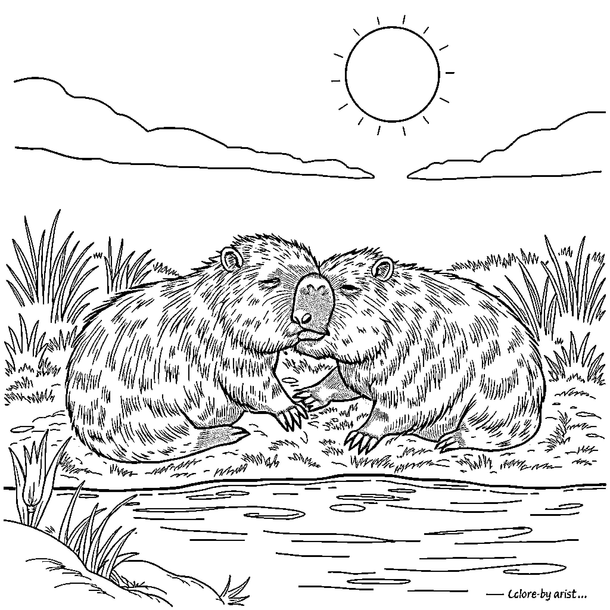 Capybara relaxing in peaceful landscape Coloring Page (free black-and-white line drawing printable PDF for all, from beginners to advanced learners, including children, teens, adults, and seniors)