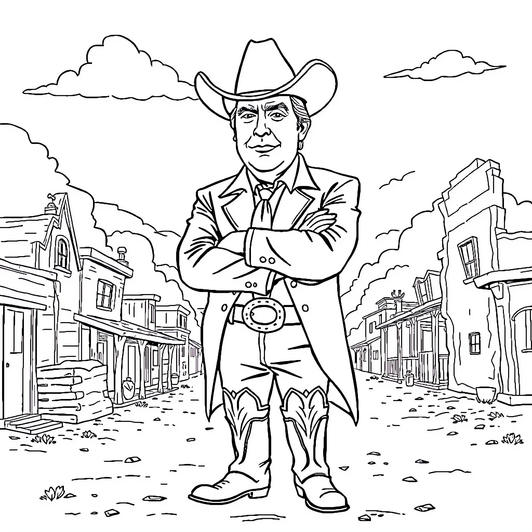 Trump standing confidently in a Western town Coloring Page (free black-and-white line drawing printable PDF for all, from beginners to advanced learners, including children, teens, adults, and seniors)