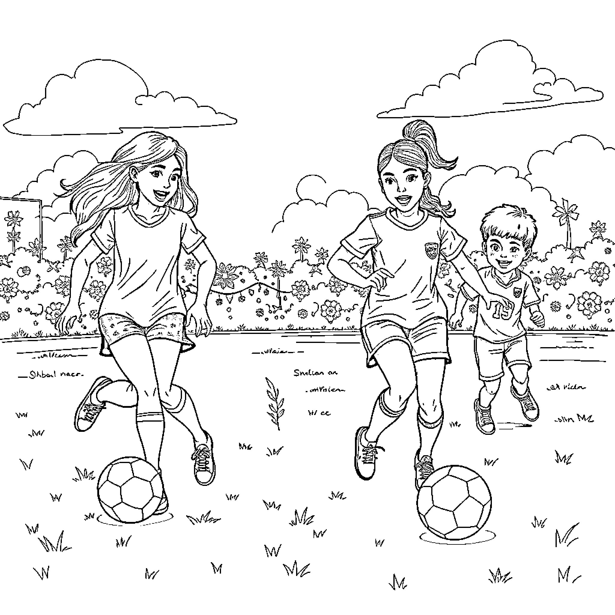 Girls playing soccer in a flowery field Coloring Page (free black-and-white line drawing printable PDF for all, from beginners to advanced learners, including children, teens, adults, and seniors)