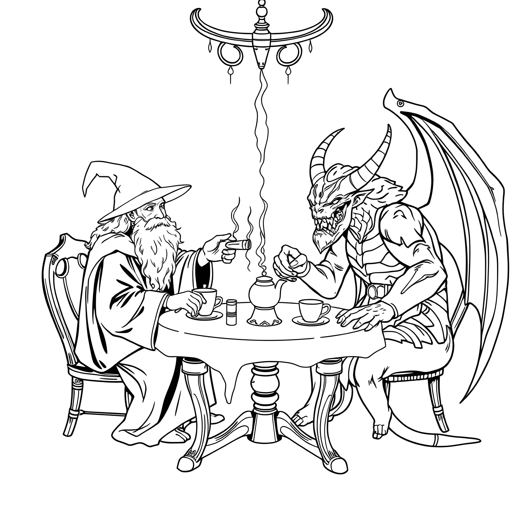Gandalf and the Dragon Enjoying Tea Together Coloring Page (free black-and-white line drawing printable PDF for all, from beginners to advanced learners, including children, teens, adults, and seniors)