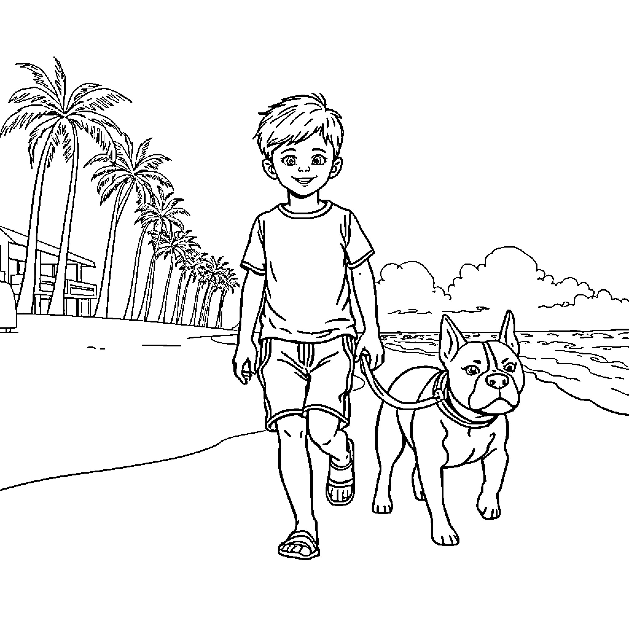 Boy walking dog on the beach Coloring Page (free black-and-white line drawing printable PDF for all, from beginners to advanced learners, including children, teens, adults, and seniors)