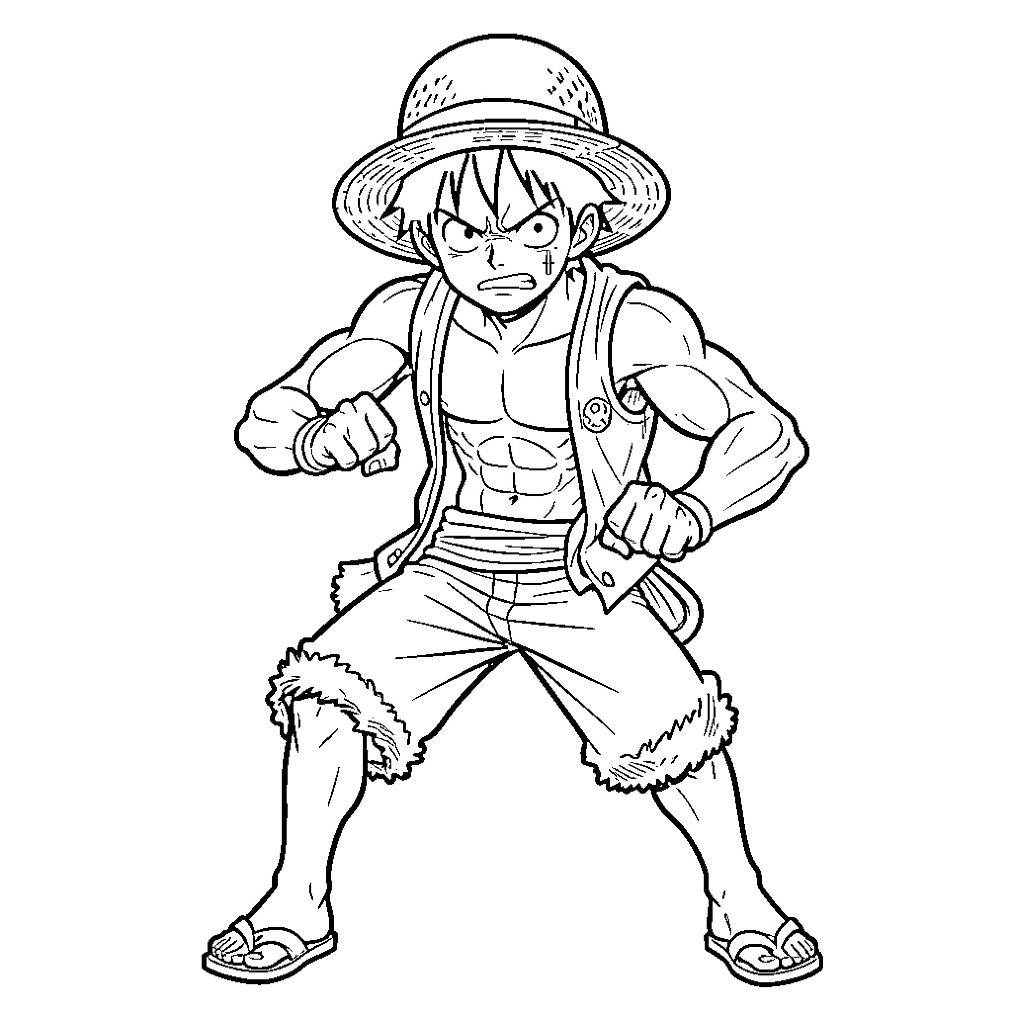 Luffy standing in a determined combat stance Coloring Page (free black-and-white line drawing printable PDF for all, from beginners to advanced learners, including children, teens, adults, and seniors)