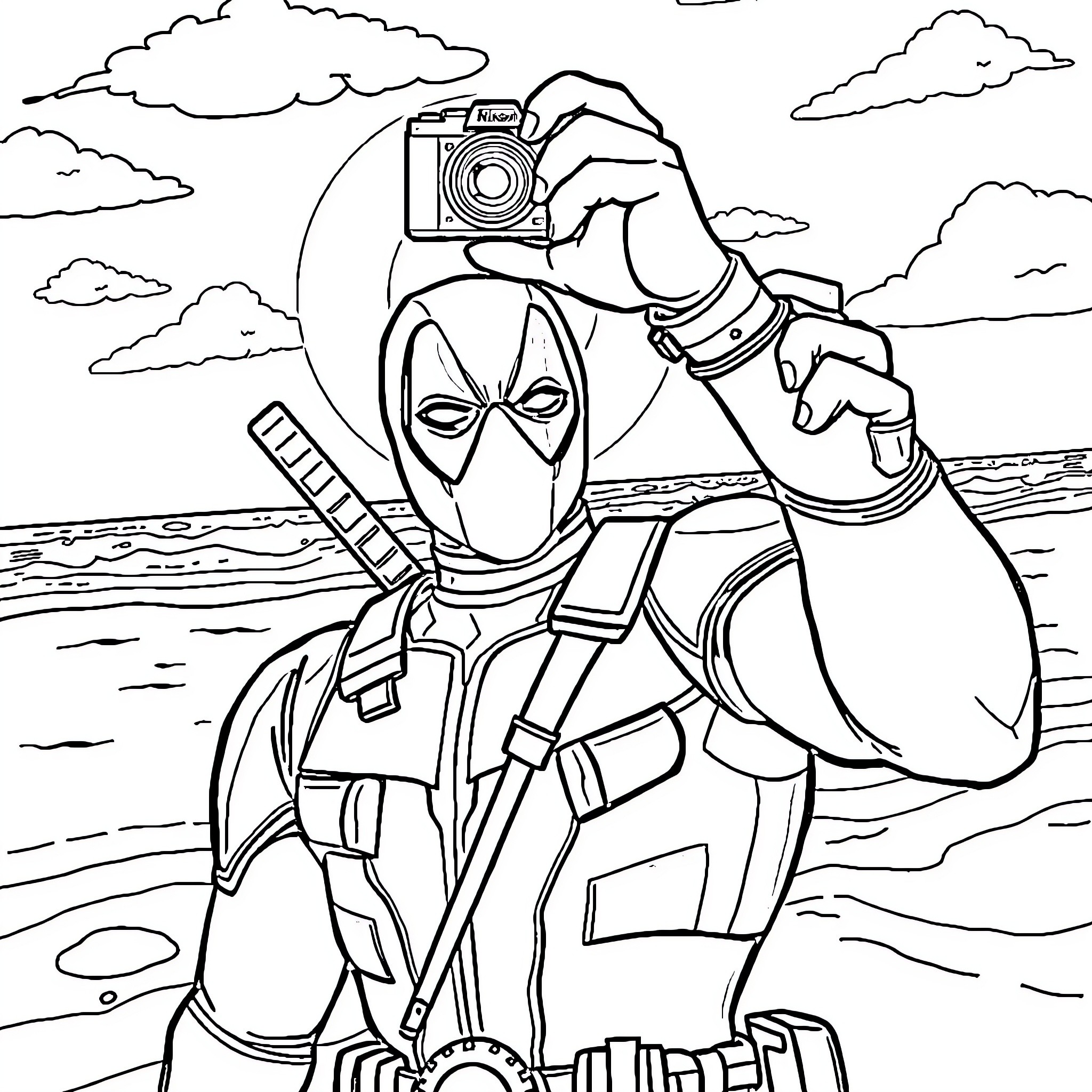 Deadpool taking a selfie on the beach Coloring Page (free black-and-white line drawing printable PDF for all, from beginners to advanced learners, including children, teens, adults, and seniors)