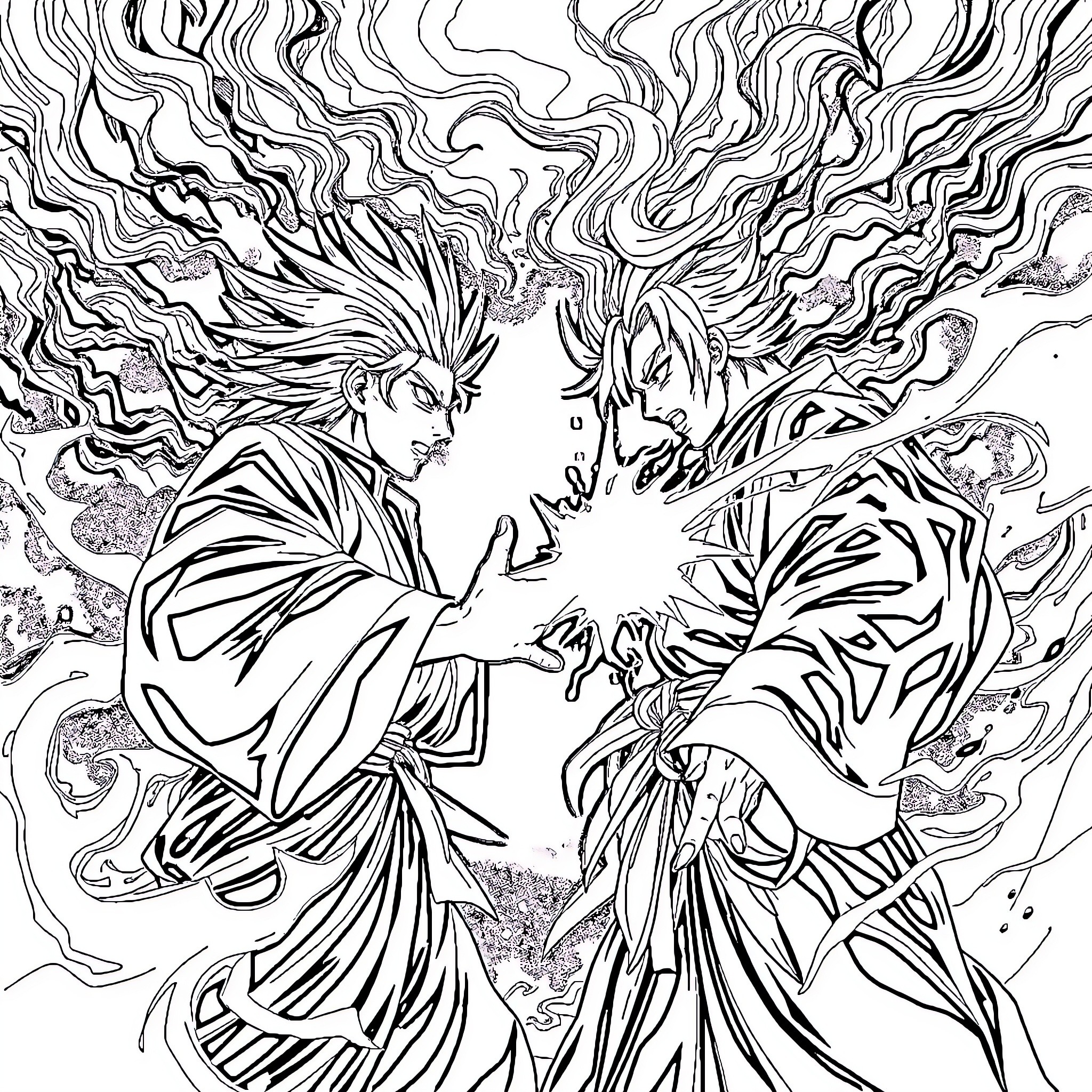 Satoru Gojo engaging in intense battle with opponent Coloring Page (free black-and-white line drawing printable PDF for all, from beginners to advanced learners, including children, teens, adults, and seniors)