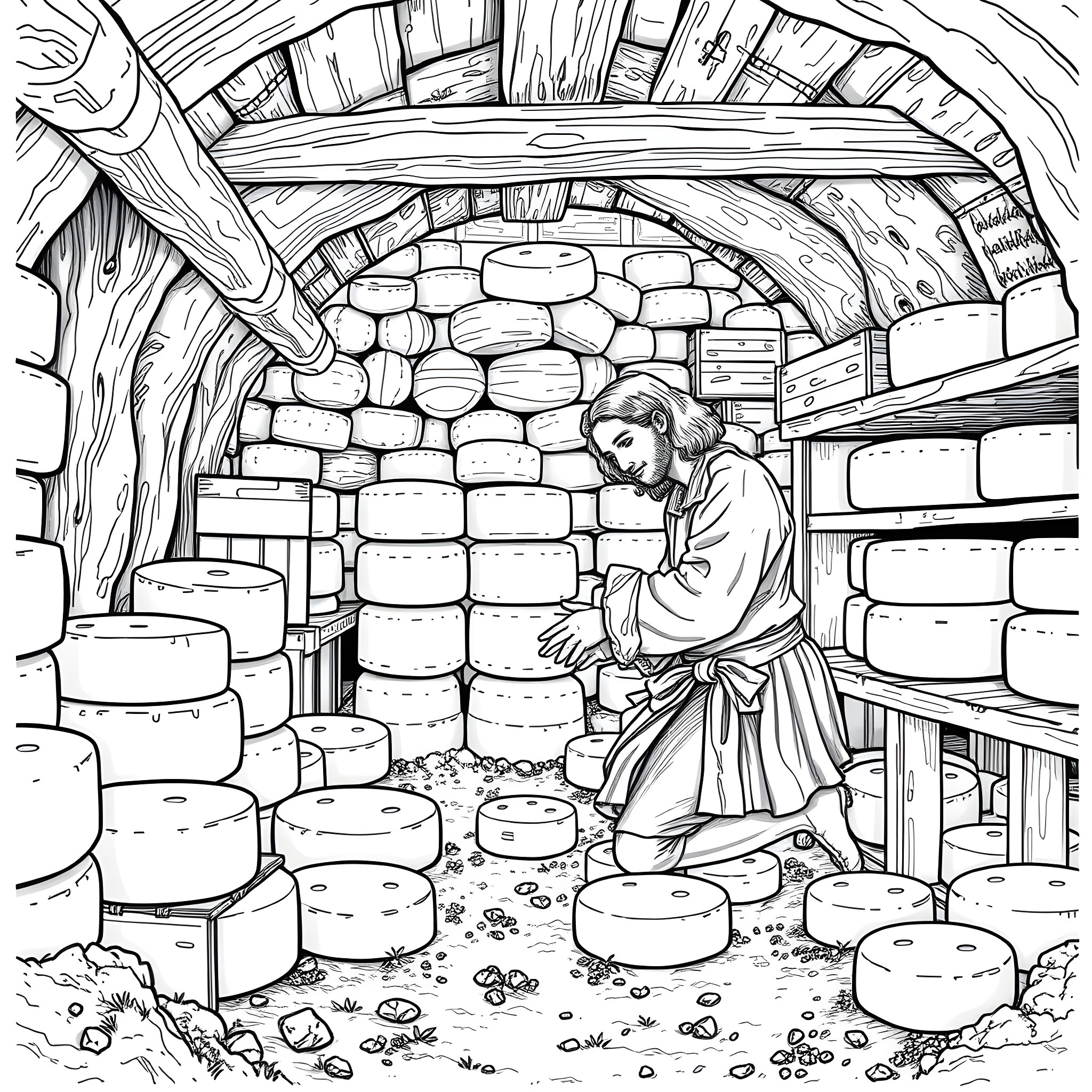 Samuel Pepys inspecting his cheese cellar Coloring Page (free black-and-white line drawing printable PDF for all, from beginners to advanced learners, including children, teens, adults, and seniors)
