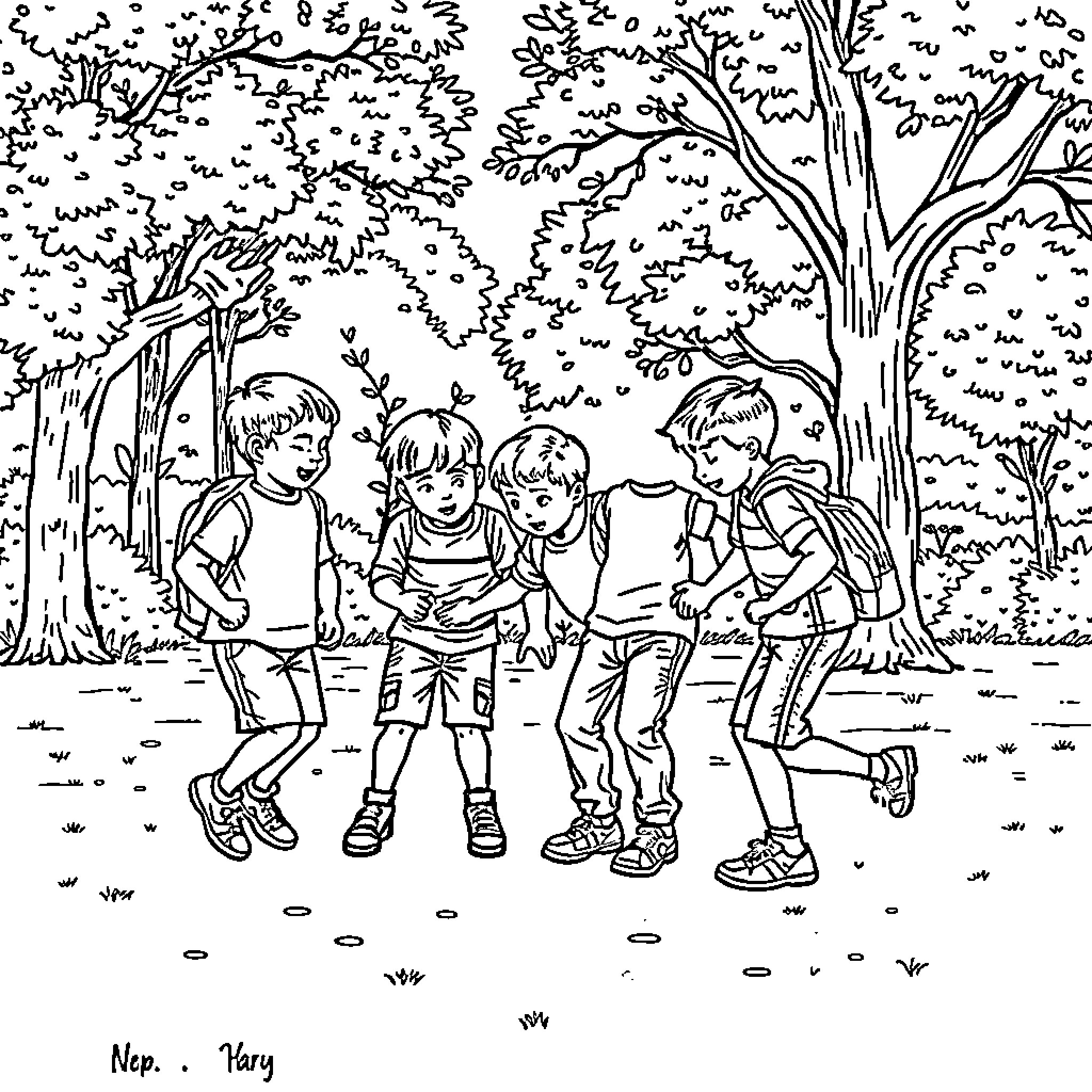 Boy friends enjoying outdoor adventure in forest Coloring Page (free black-and-white line drawing printable PDF for all, from beginners to advanced learners, including children, teens, adults, and seniors)