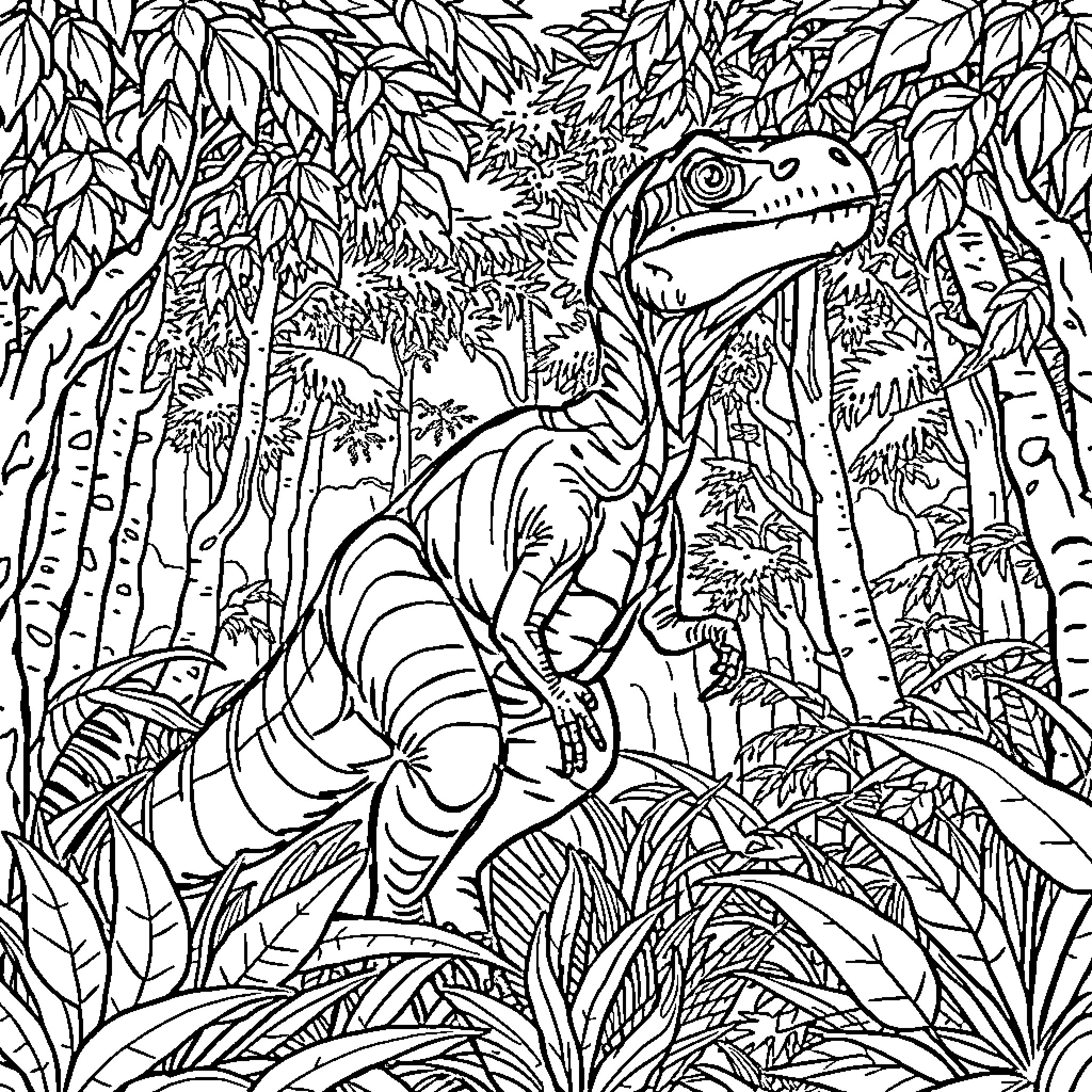 Indoraptor stalking through the lush jungle Coloring Page (free black-and-white line drawing printable PDF for all, from beginners to advanced learners, including children, teens, adults, and seniors)