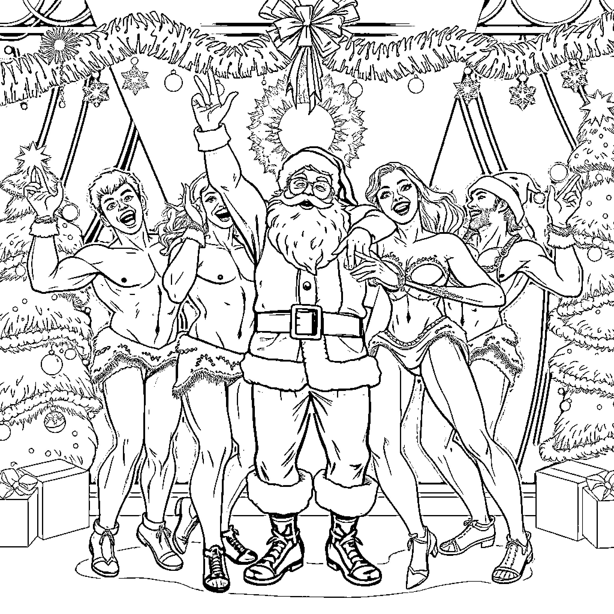 Dancer Santa and holiday performers celebrate Coloring Page (free black-and-white line drawing printable PDF for all, from beginners to advanced learners, including children, teens, adults, and seniors)