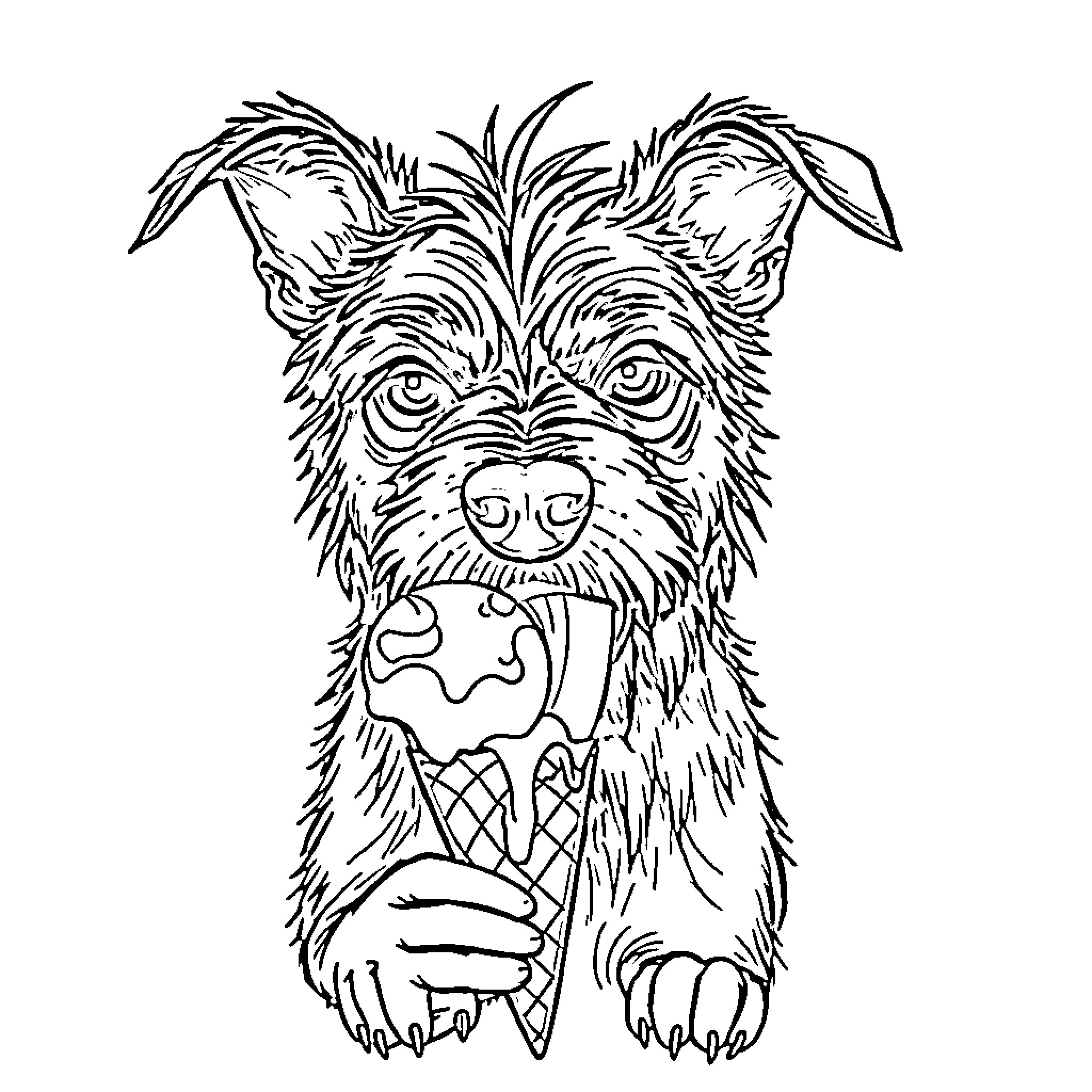 Dog enjoying a tasty ice cream treat Coloring Page (free black-and-white line drawing printable PDF for all, from beginners to advanced learners, including children, teens, adults, and seniors)
