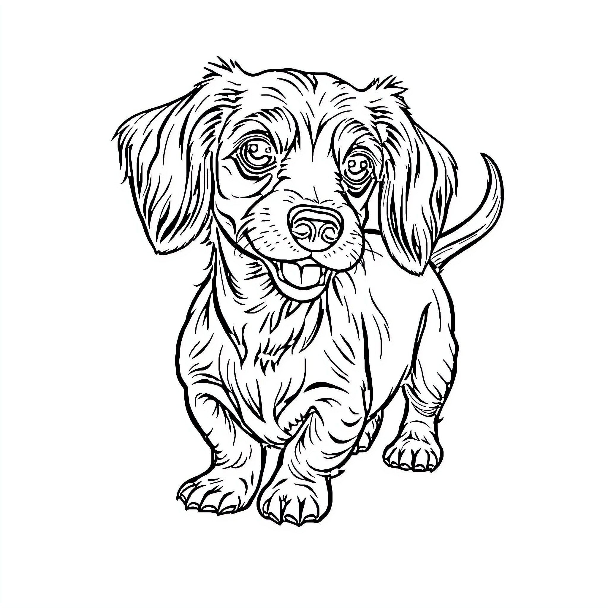 Dachshund dog happily sitting and smiling Coloring Page (free black-and-white line drawing printable PDF for all, from beginners to advanced learners, including children, teens, adults, and seniors)