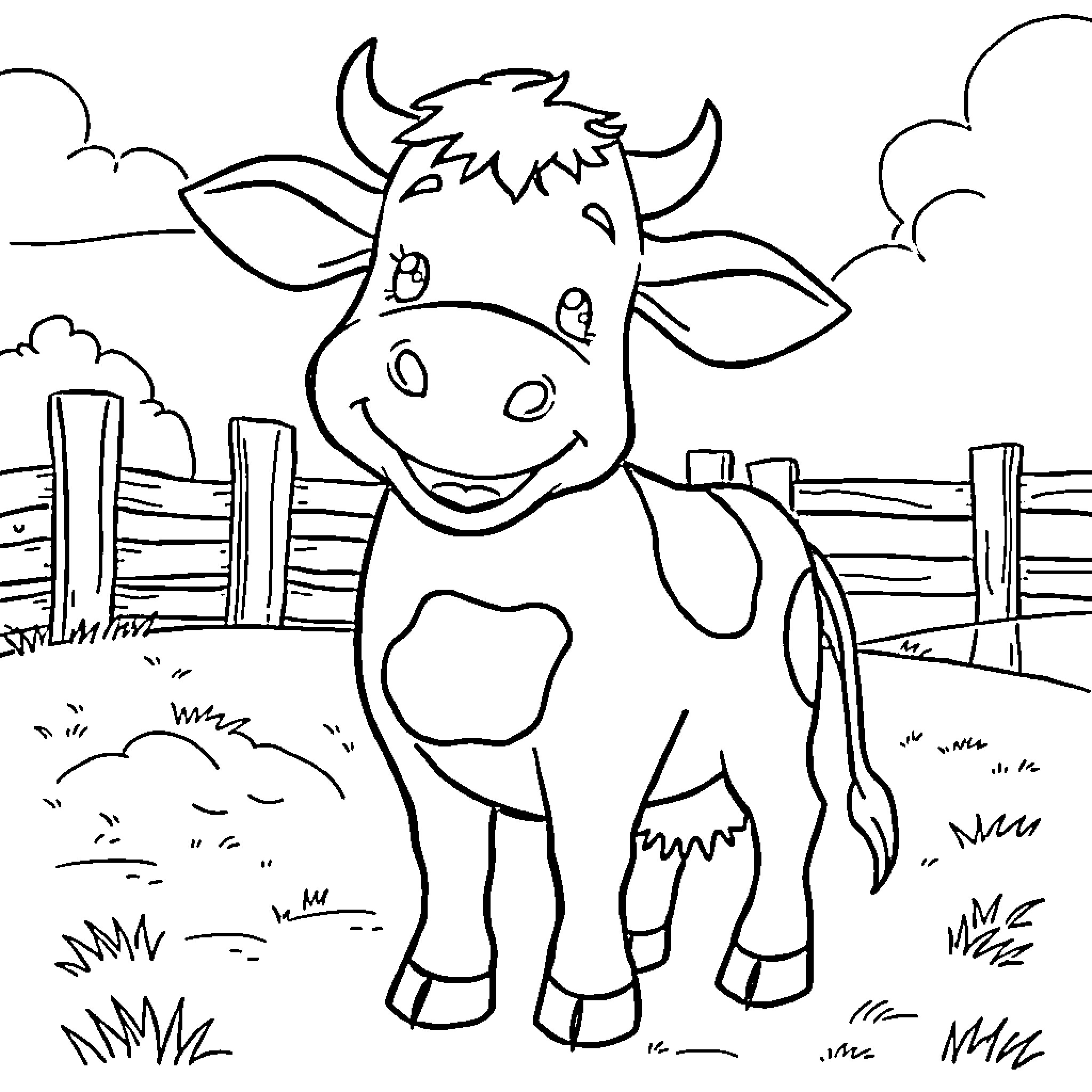 Cow standing happily on the farm Coloring Page (free black-and-white line drawing printable PDF for all, from beginners to advanced learners, including children, teens, adults, and seniors)