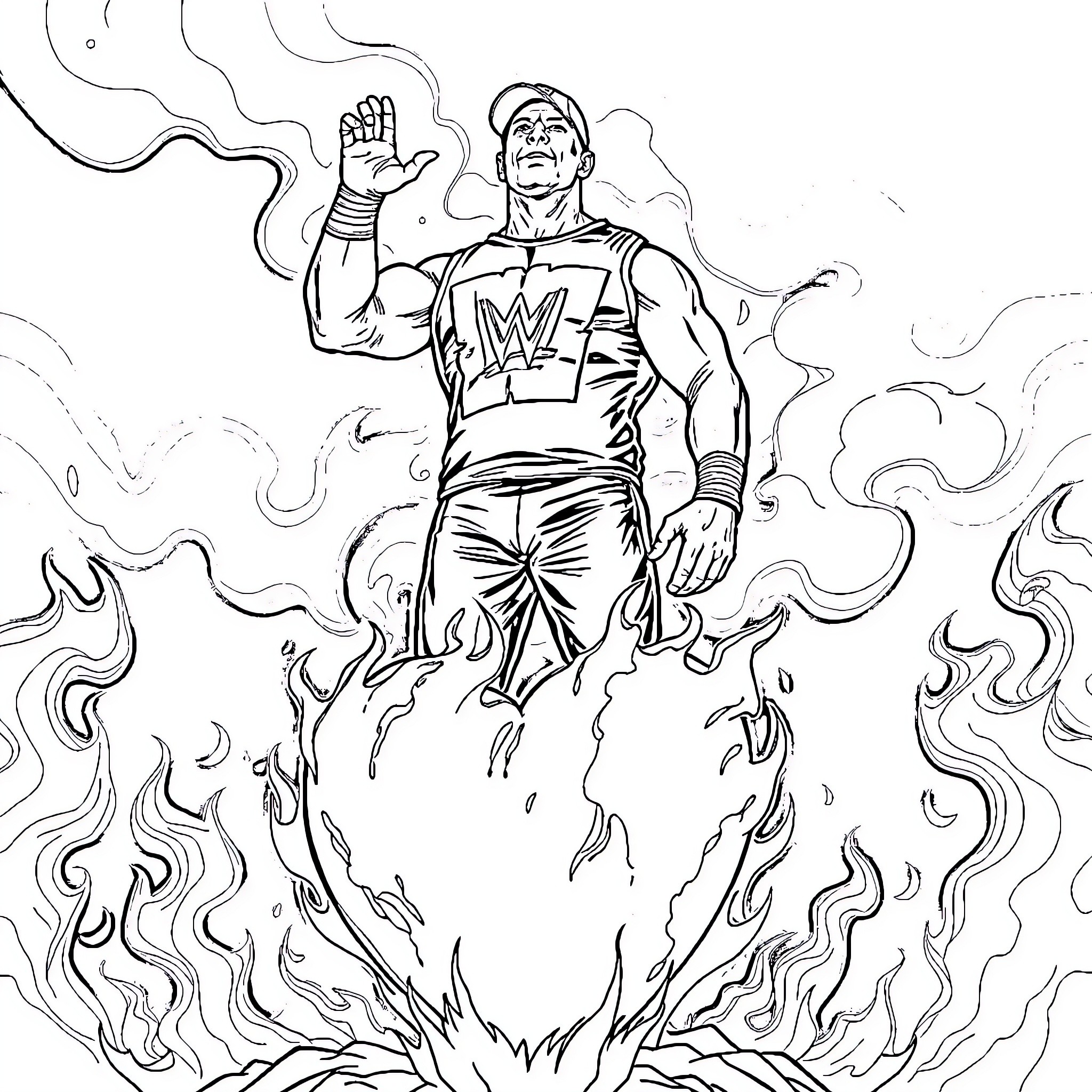 John Cena Bursting Through the Flames Coloring Page (free black-and-white line drawing printable PDF for all, from beginners to advanced learners, including children, teens, adults, and seniors)