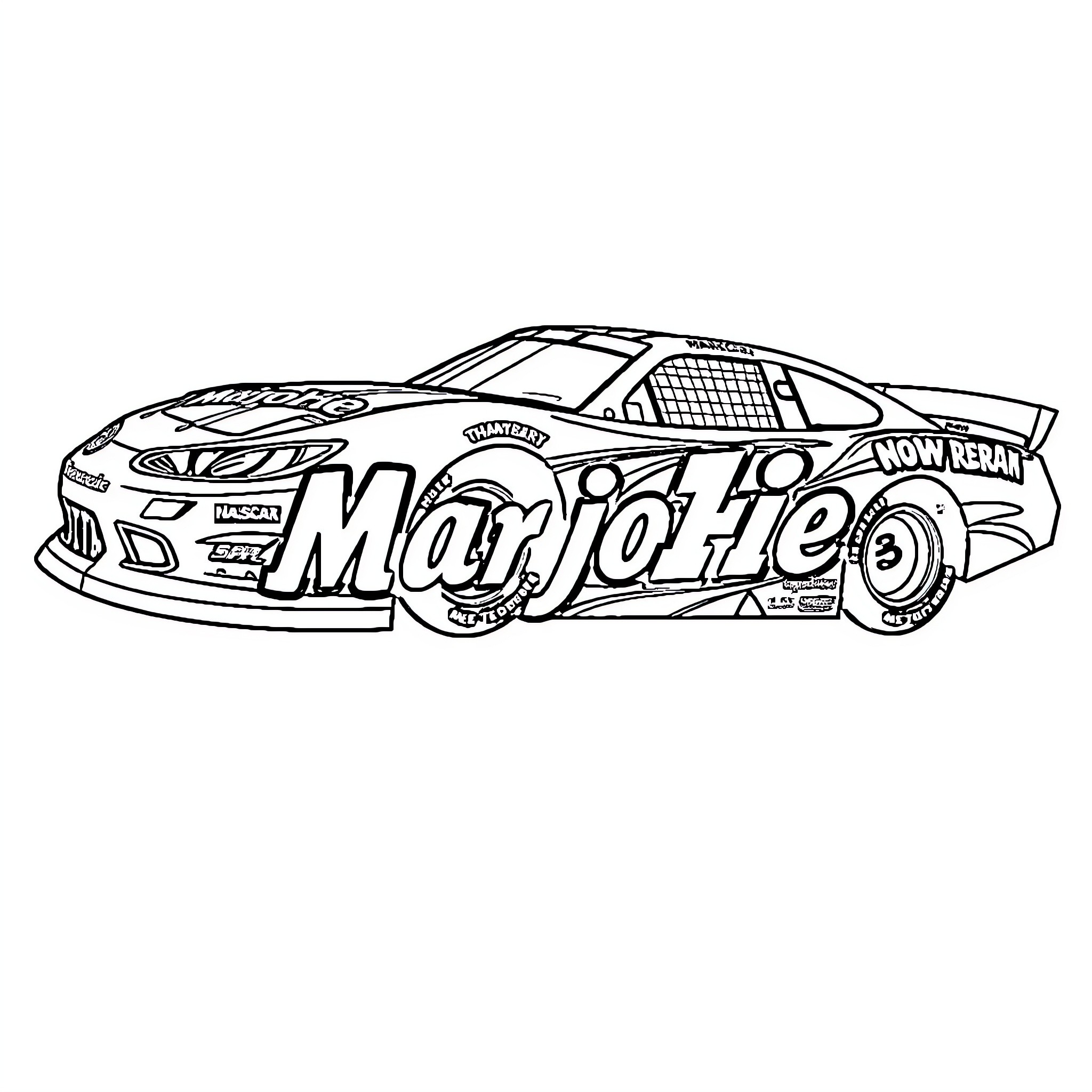Nascar race car with sponsor logos and text Coloring Page (free black-and-white line drawing printable PDF for all, from beginners to advanced learners, including children, teens, adults, and seniors)