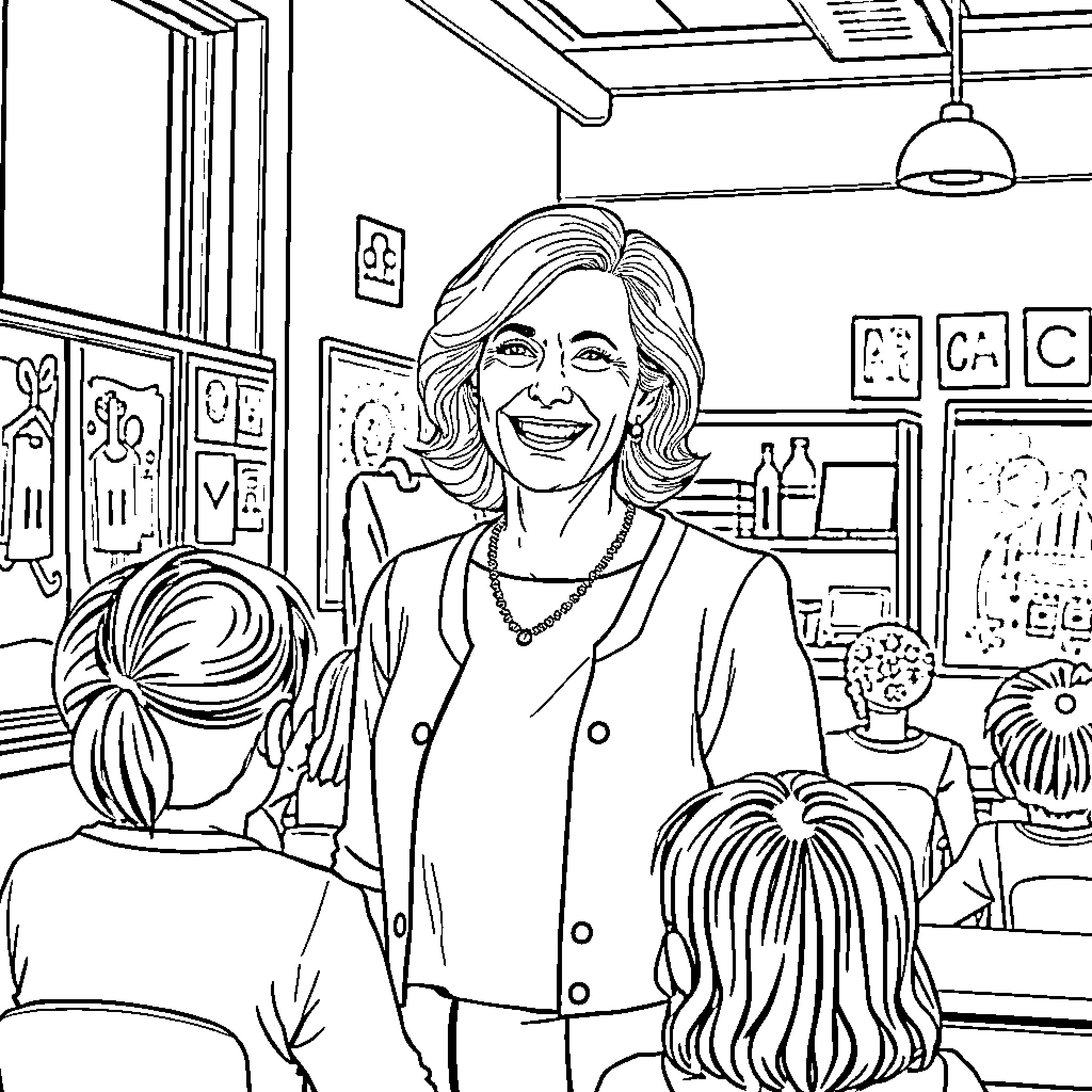 Cate Blanchett Smiling Warmly in a Classroom Setting Coloring Page (free black-and-white line drawing printable PDF for all, from beginners to advanced learners, including children, teens, adults, and seniors)