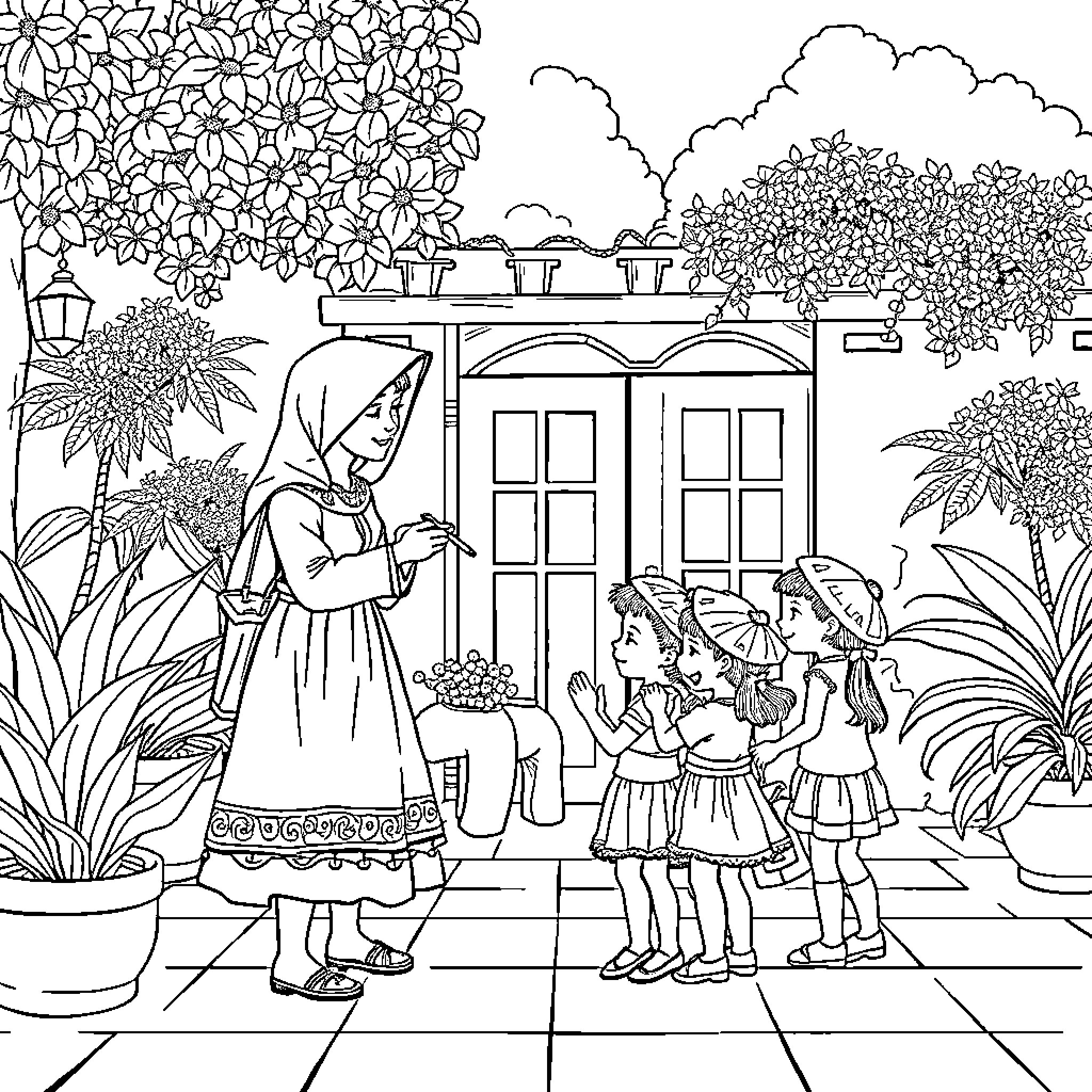 Monja's Friendly Encounter with Children in the Garden Coloring Page (free black-and-white line drawing printable PDF for all, from beginners to advanced learners, including children, teens, adults, and seniors)