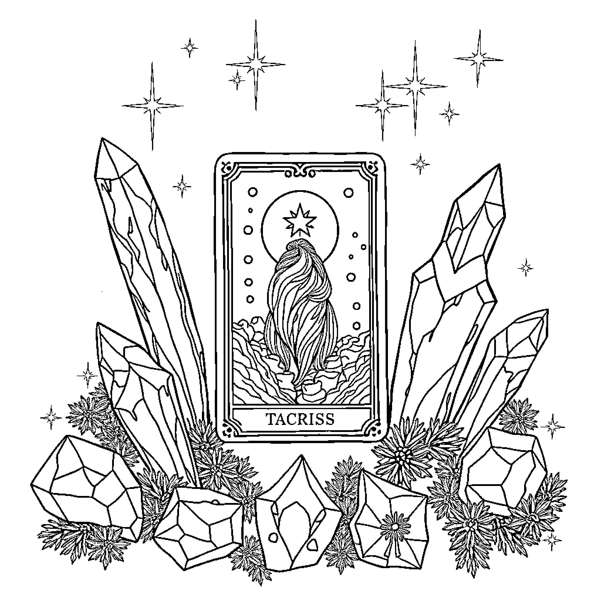 Tarot card with mystical symbols and crystals Coloring Page (free black-and-white line drawing printable PDF for all, from beginners to advanced learners, including children, teens, adults, and seniors)