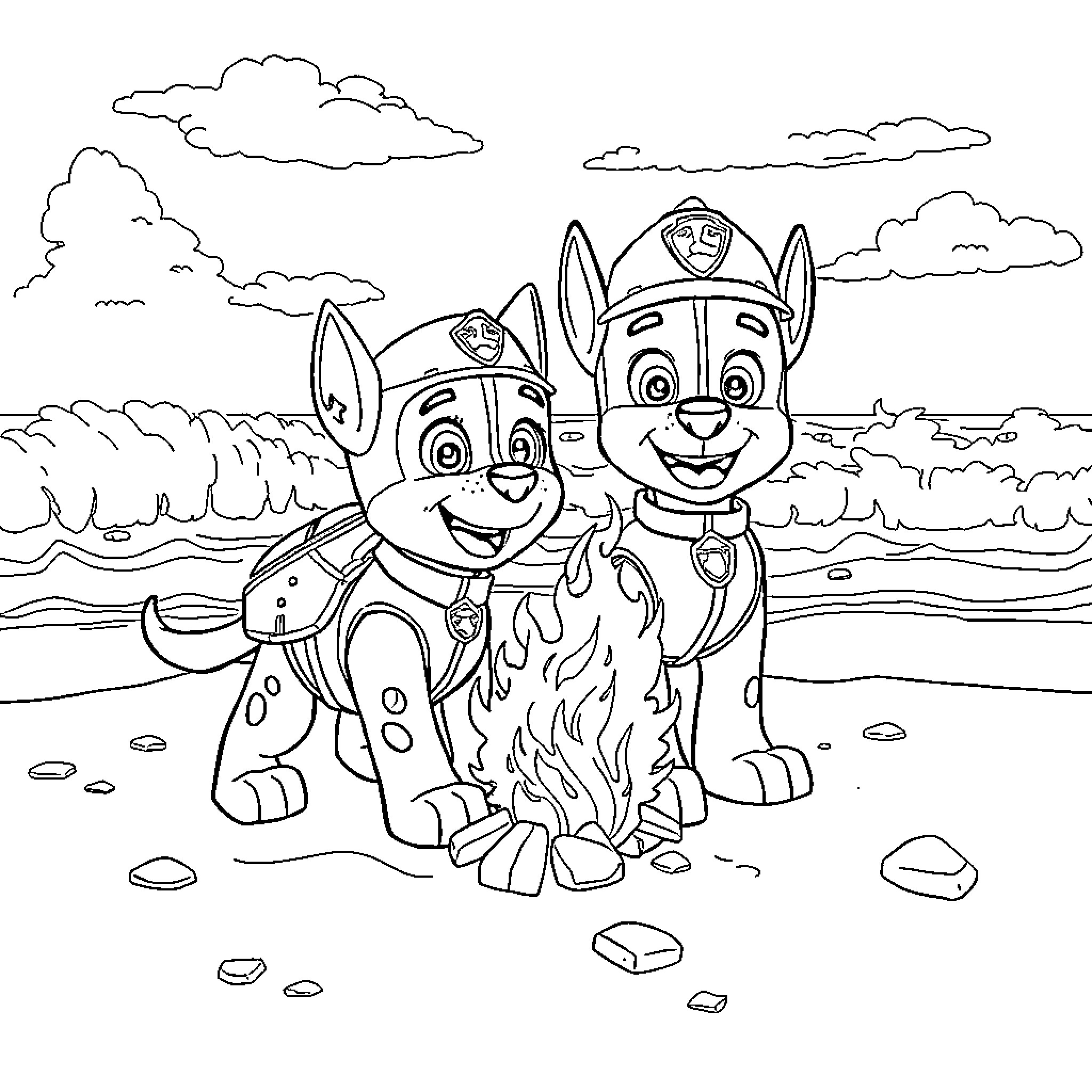 Chase fire-fighting pups on a beach adventure Coloring Page (free black-and-white line drawing printable PDF for all, from beginners to advanced learners, including children, teens, adults, and seniors)
