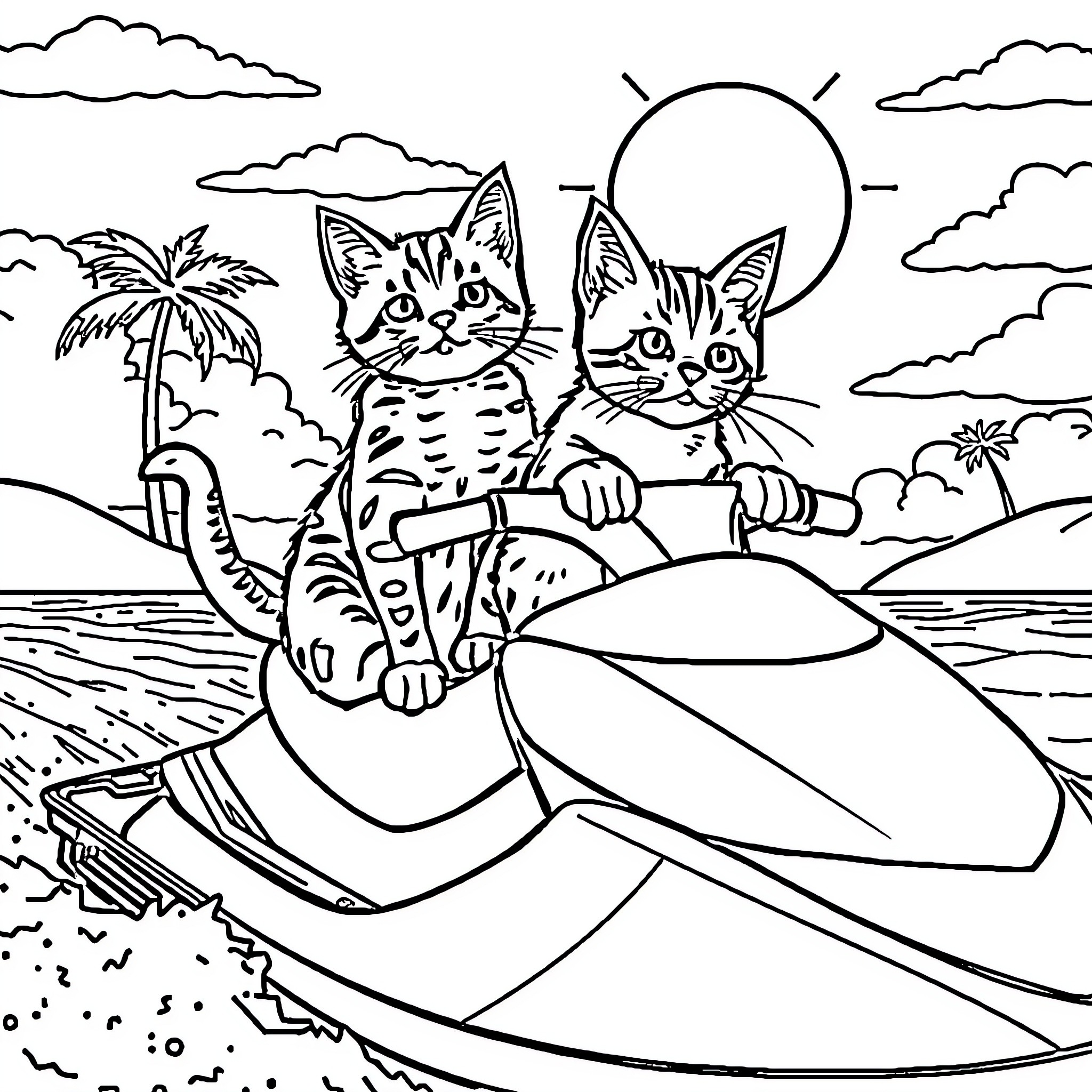 Cats enjoying a beach getaway Coloring Page (free black-and-white line drawing printable PDF for all, from beginners to advanced learners, including children, teens, adults, and seniors)