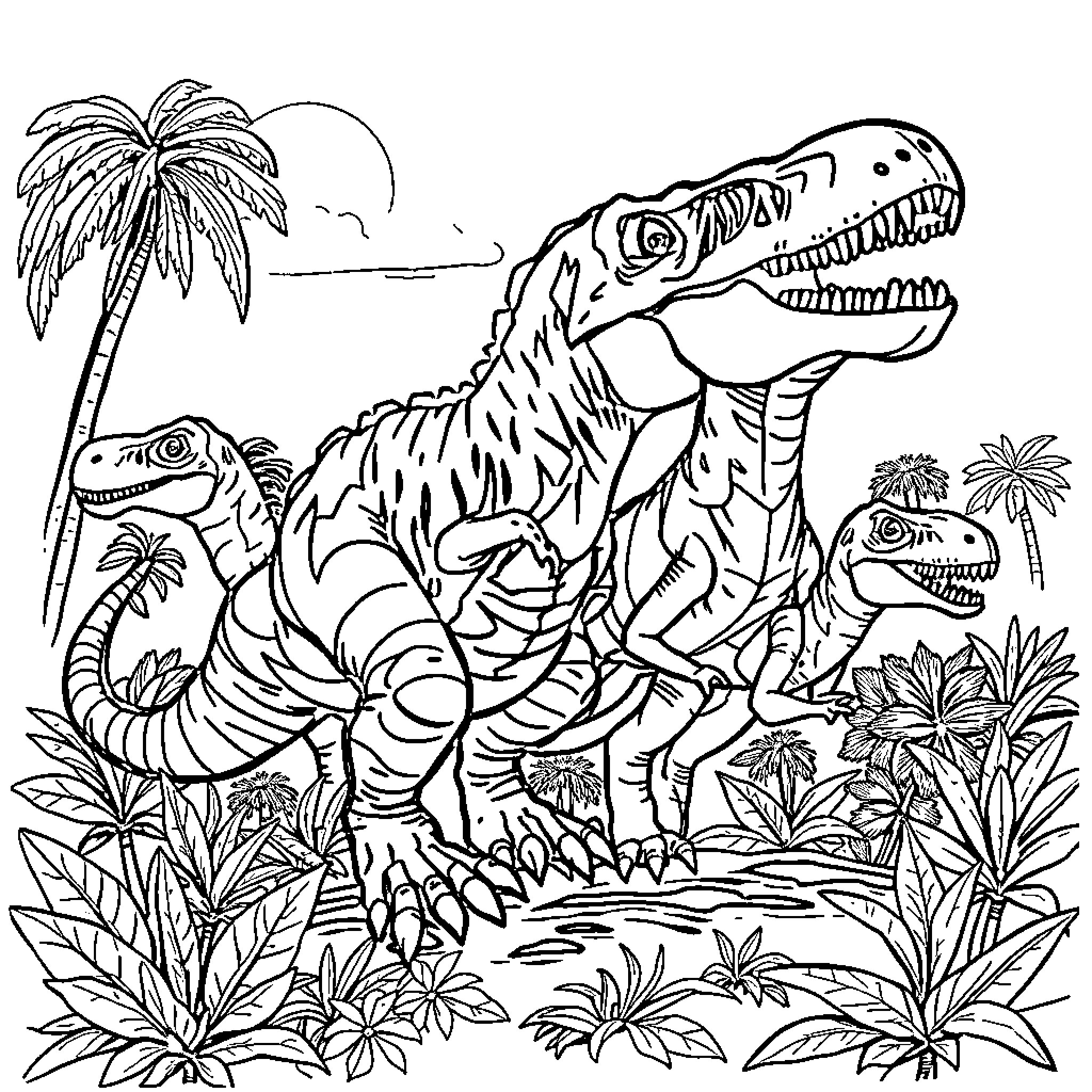 Dinosaurs roaming in a prehistoric jungle landscape Coloring Page (free black-and-white line drawing printable PDF for all, from beginners to advanced learners, including children, teens, adults, and seniors)