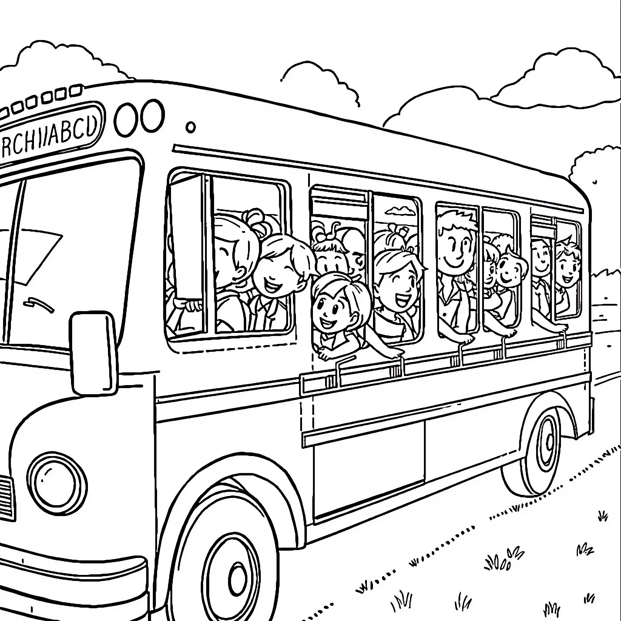 School Bus Transporting Lively Students Outdoors Coloring Page (free black-and-white line drawing printable PDF for all, from beginners to advanced learners, including children, teens, adults, and seniors)