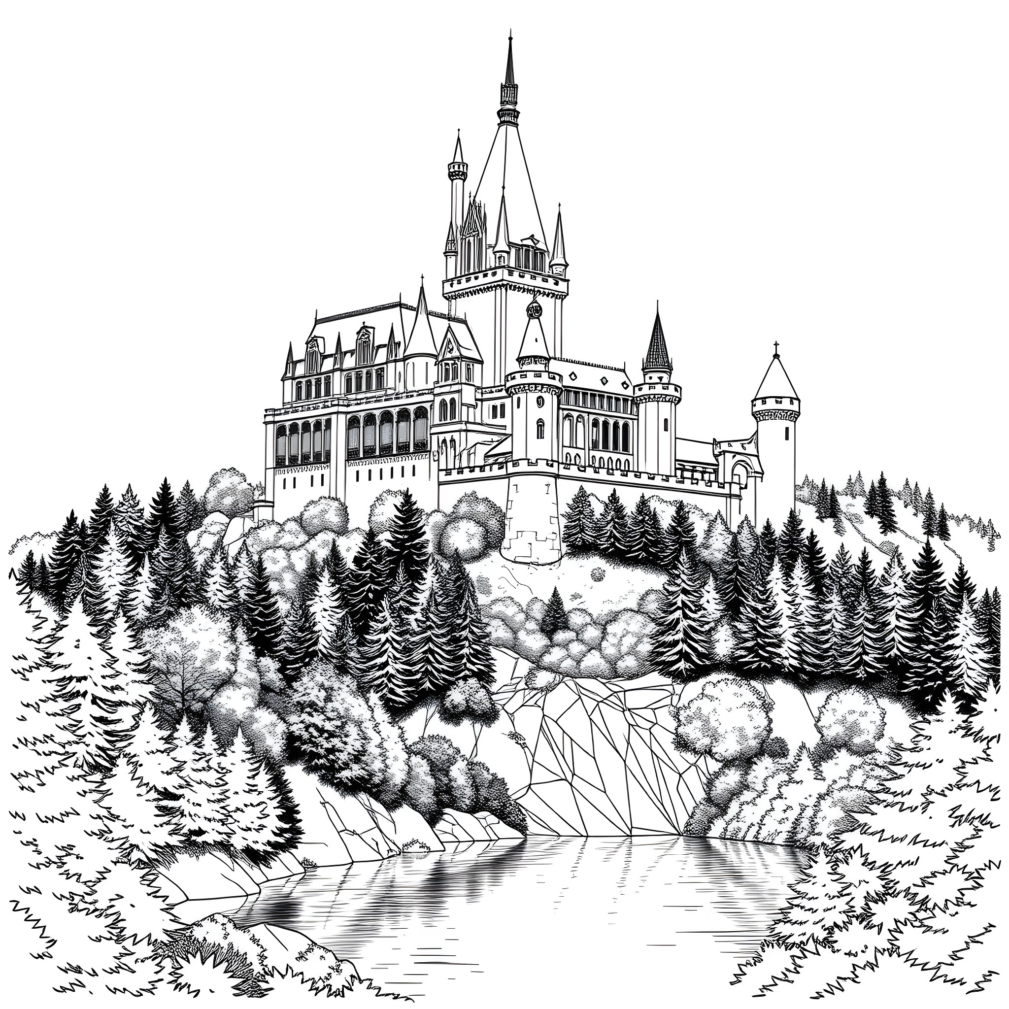 Castle on the hill with enchanting scenery Coloring Page (free black-and-white line drawing printable PDF for all, from beginners to advanced learners, including children, teens, adults, and seniors)