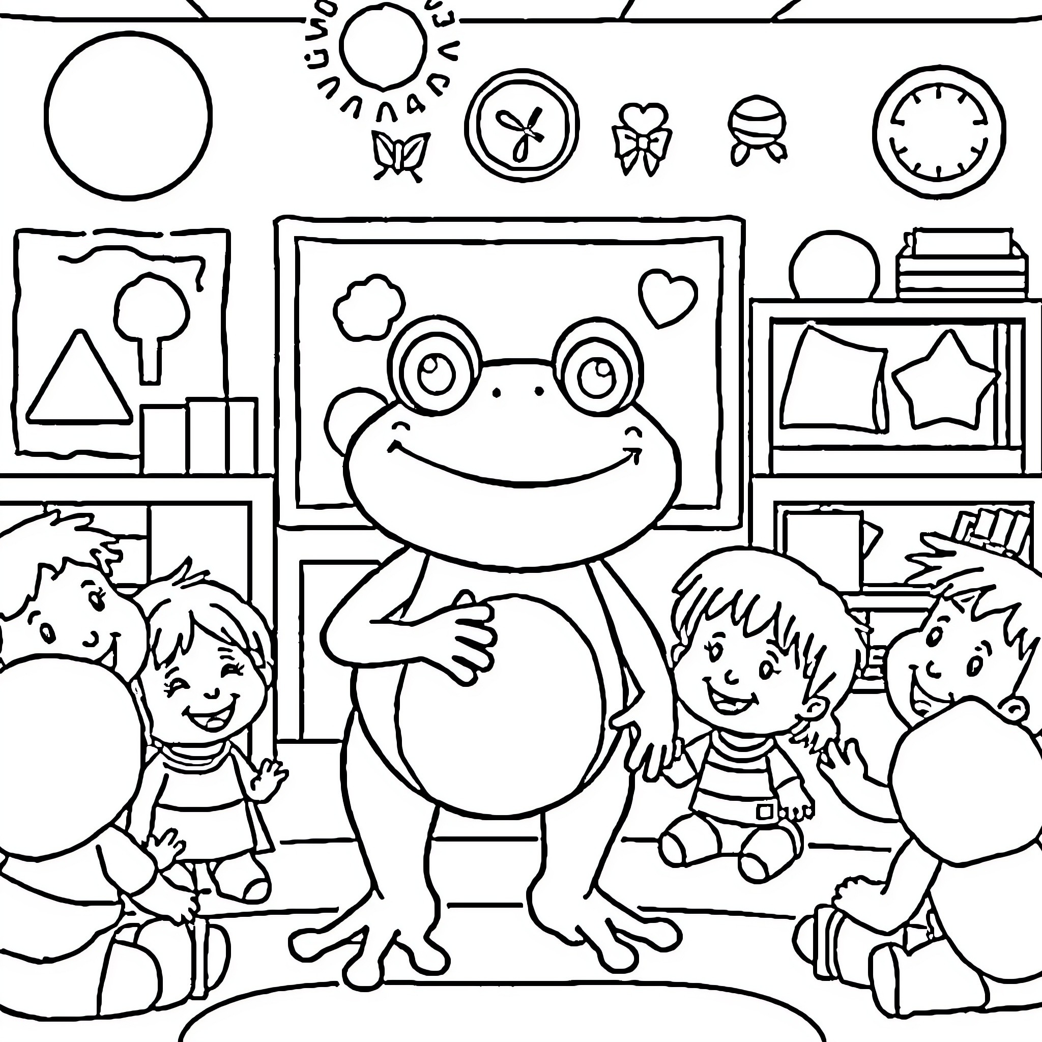 Frog playing with children in classroom Coloring Page (free black-and-white line drawing printable PDF for all, from beginners to advanced learners, including children, teens, adults, and seniors)