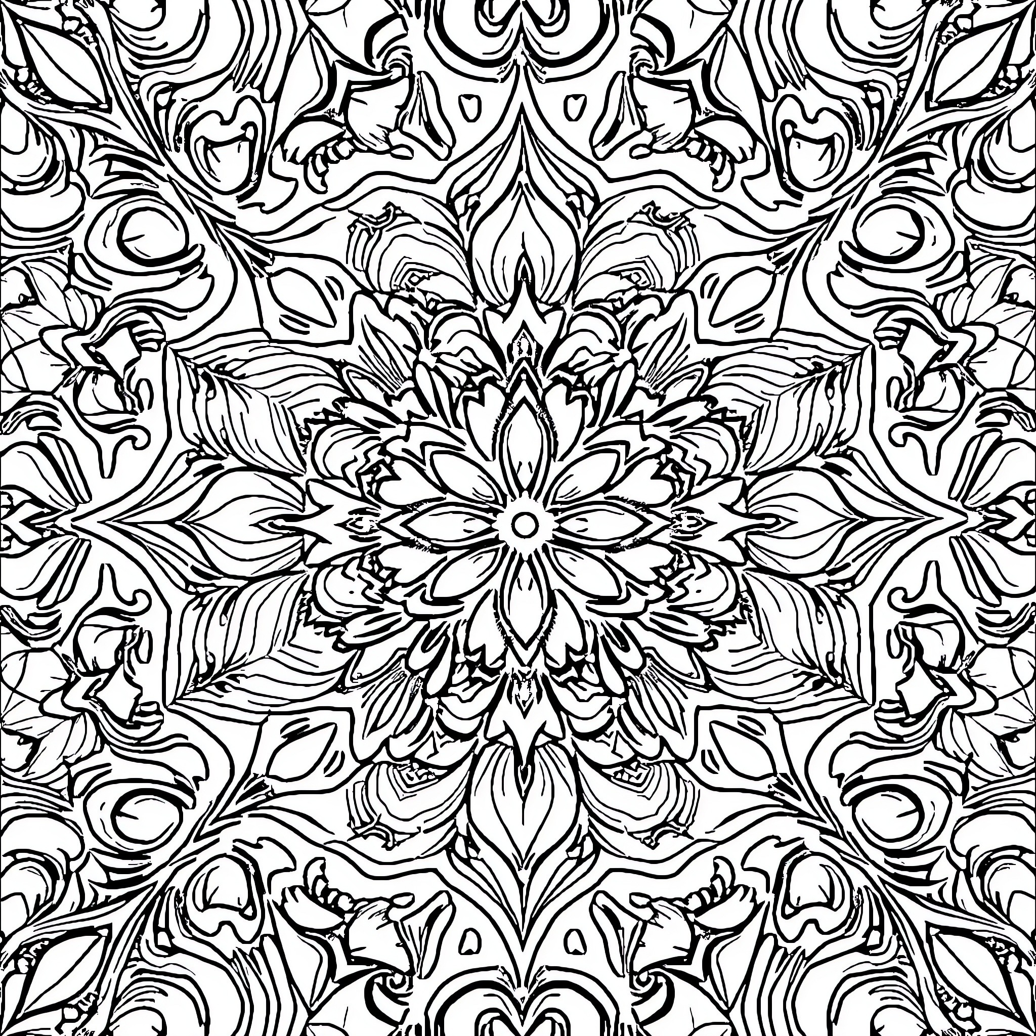 Pattern of Intricate Floral Designs Coloring Page (free black-and-white line drawing printable PDF for all, from beginners to advanced learners, including children, teens, adults, and seniors)