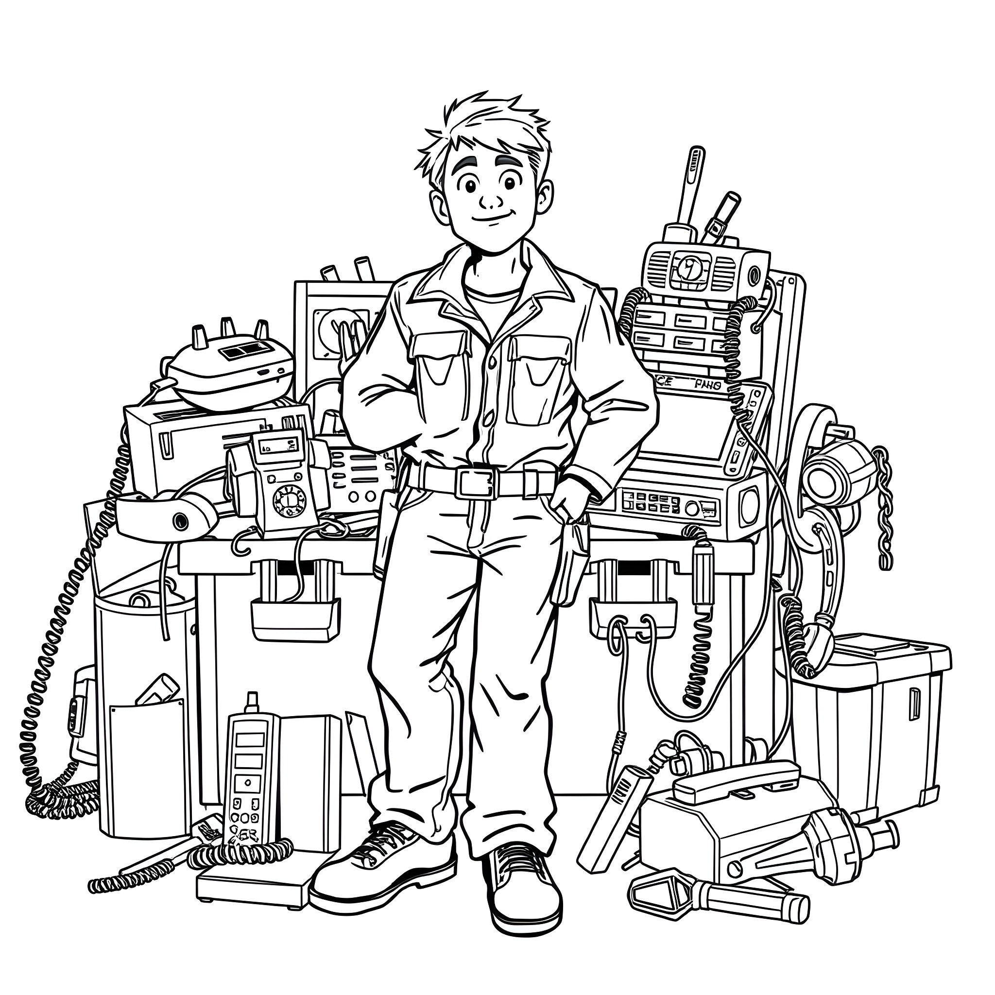 Repairman surrounded by tools and electronics Coloring Page (free black-and-white line drawing printable PDF for all, from beginners to advanced learners, including children, teens, adults, and seniors)