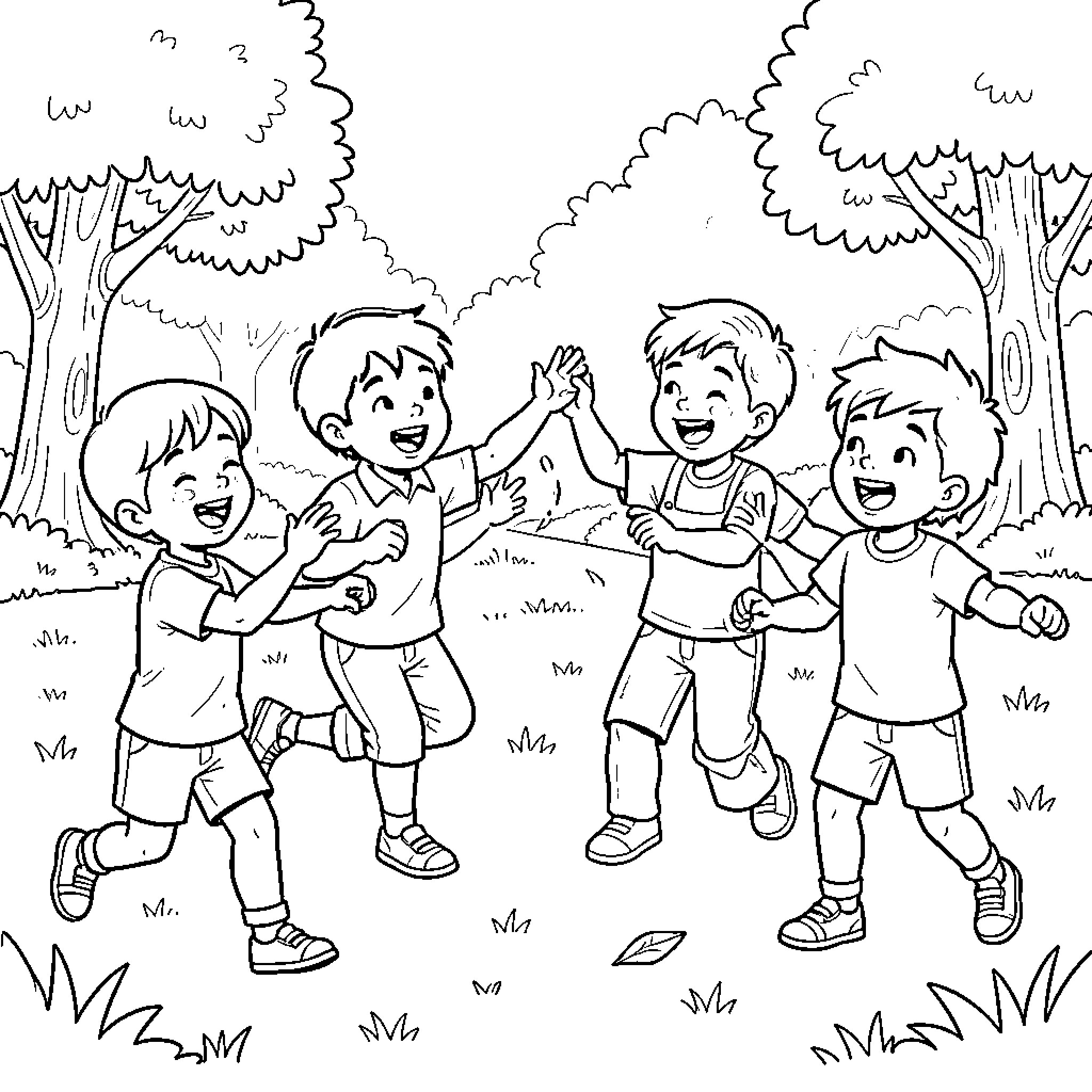 Frenzy of Children's Outdoor Play and Laughter Coloring Page (free black-and-white line drawing printable PDF for all, from beginners to advanced learners, including children, teens, adults, and seniors)