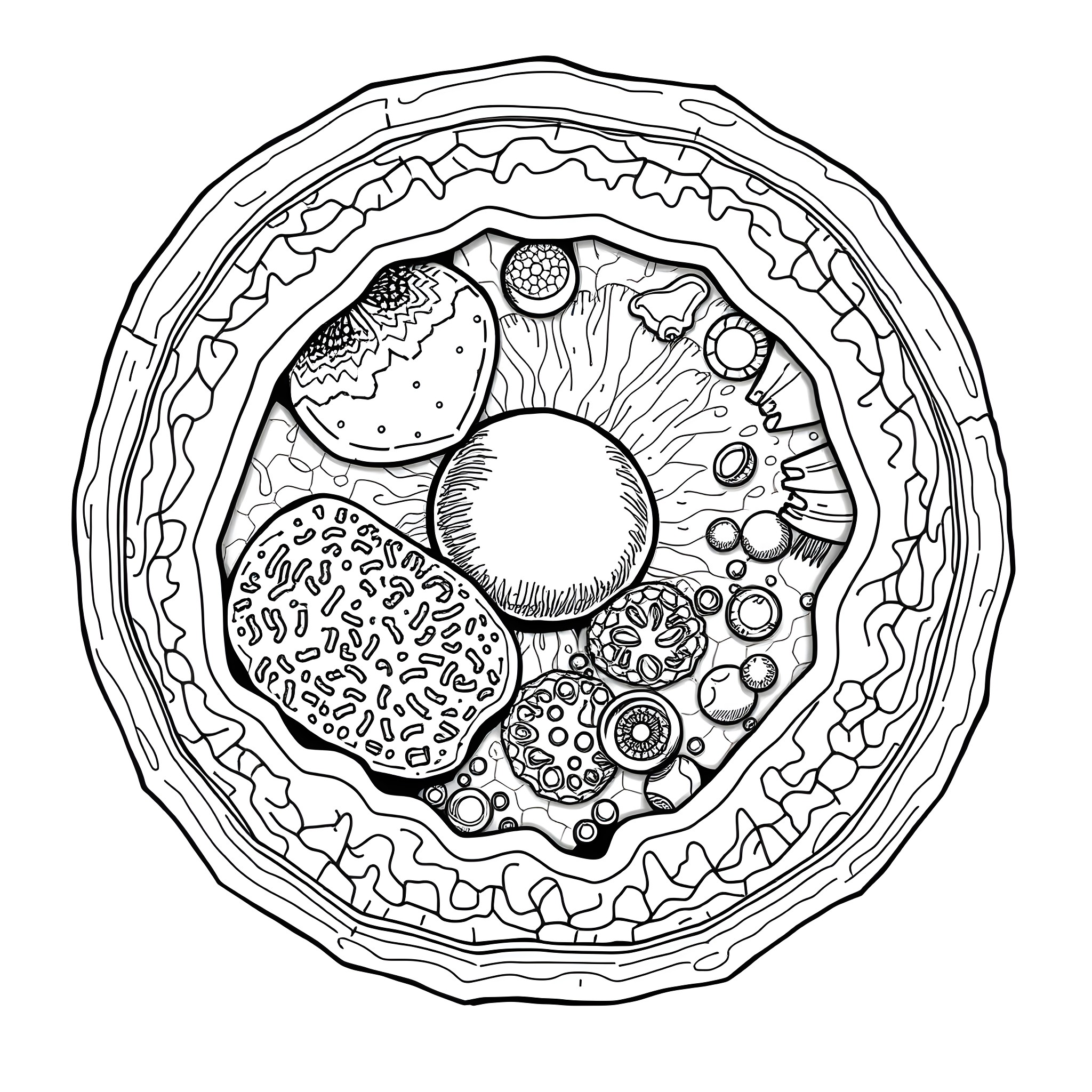 Plant Cell Displaying Complex Inner Structure Coloring Page (free black-and-white line drawing printable PDF for all, from beginners to advanced learners, including children, teens, adults, and seniors)