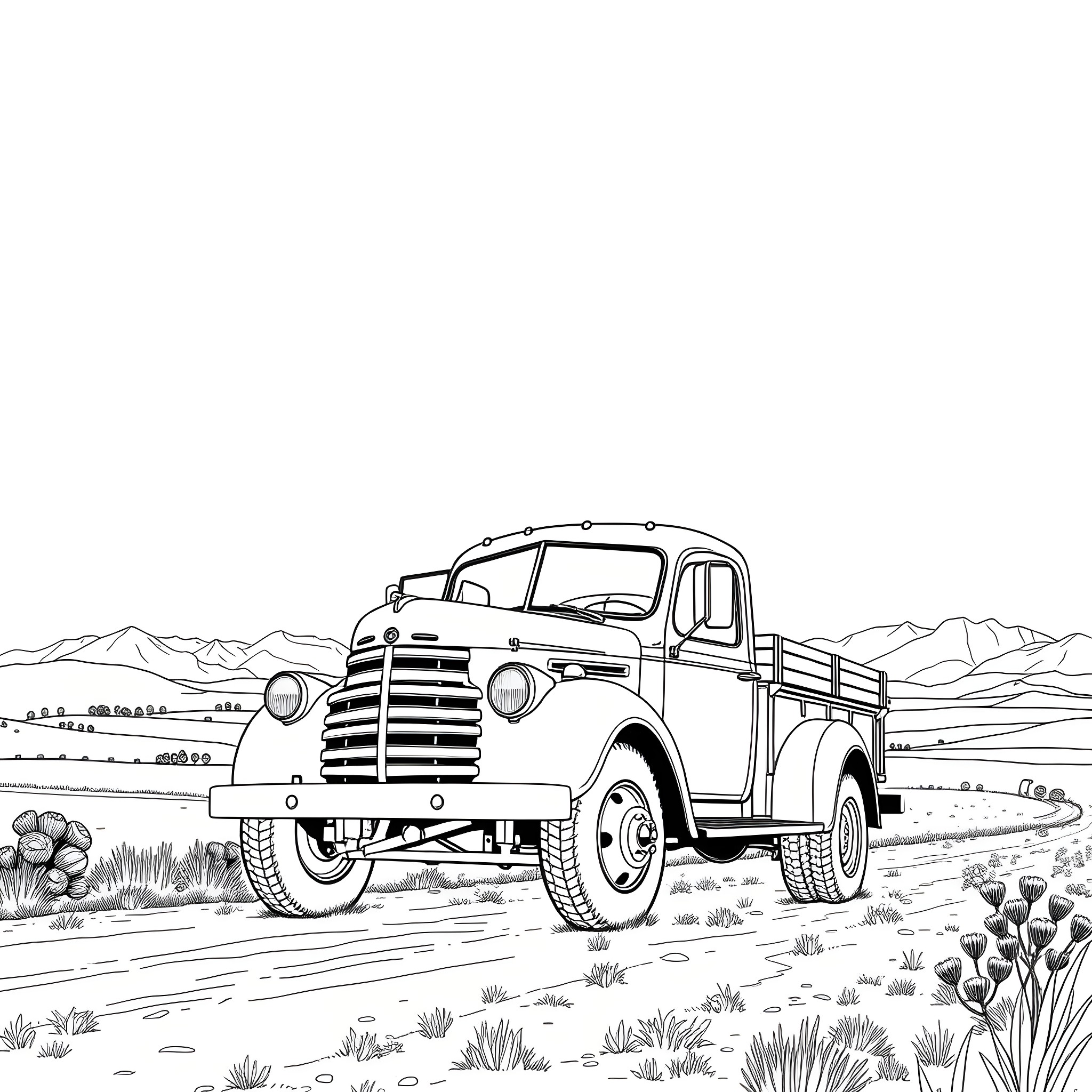 Truck driving through rural countryside Coloring Page (free black-and-white line drawing printable PDF for all, from beginners to advanced learners, including children, teens, adults, and seniors)
