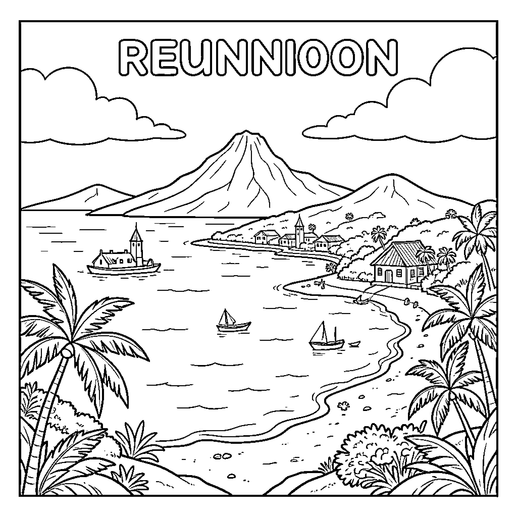 Reunion Island scenic coastline with mountains and boats Coloring Page (free black-and-white line drawing printable PDF for all, from beginners to advanced learners, including children, teens, adults, and seniors)