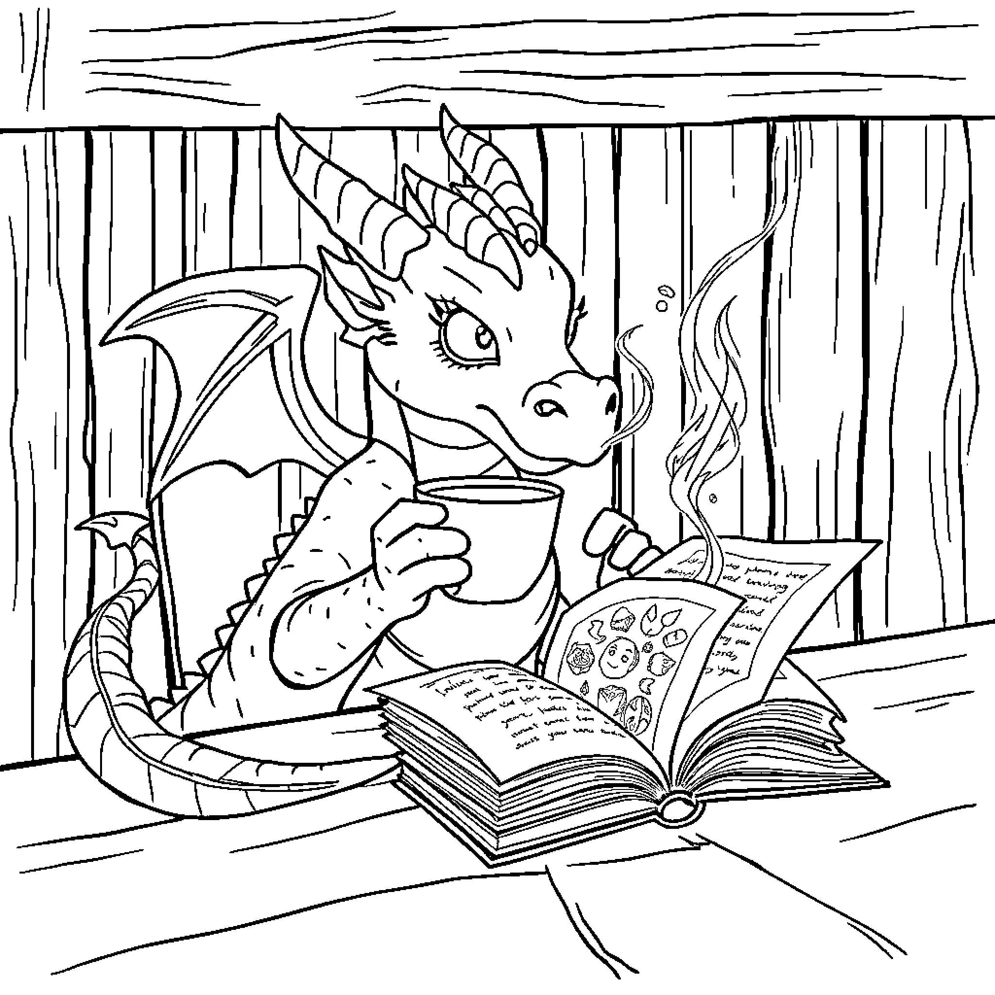 Dragon reading a book in cozy cabin Coloring Page (free black-and-white line drawing printable PDF for all, from beginners to advanced learners, including children, teens, adults, and seniors)
