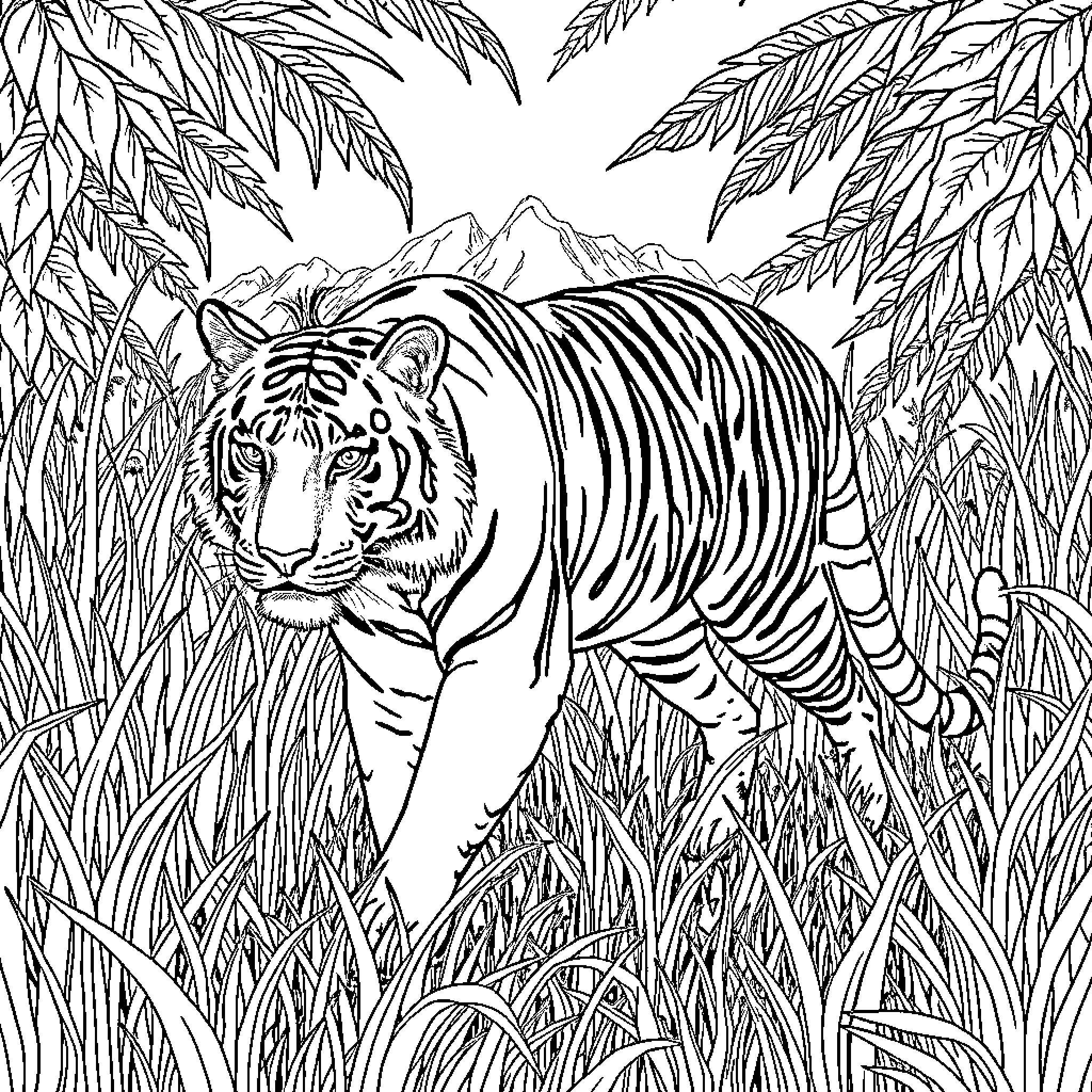 Tiger prowling in the jungle landscape Coloring Page (free black-and-white line drawing printable PDF for all, from beginners to advanced learners, including children, teens, adults, and seniors)