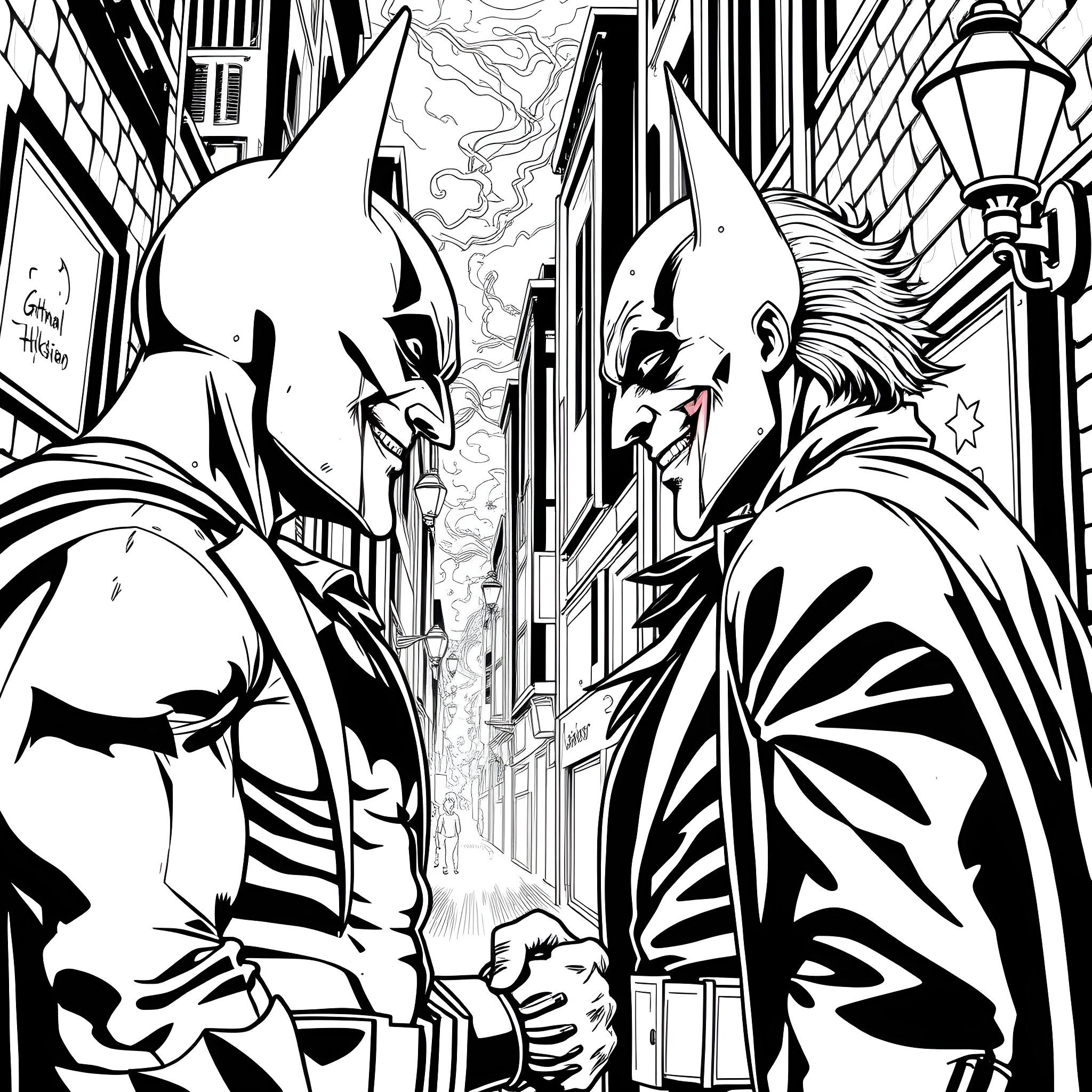 Batman confronting a villainous adversary in the city Coloring Page (free black-and-white line drawing printable PDF for all, from beginners to advanced learners, including children, teens, adults, and seniors)