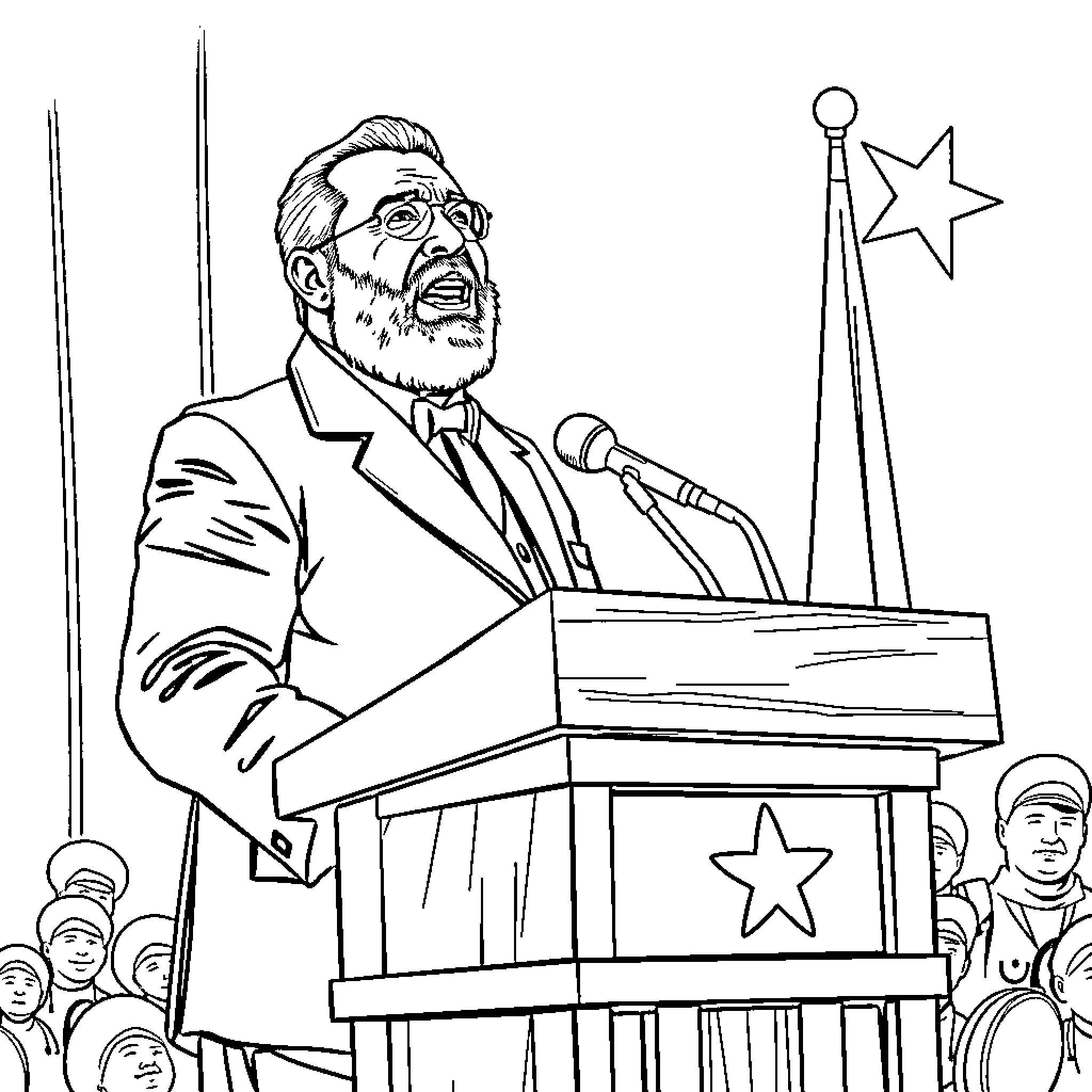 Fidel Castro Delivering Passionate Speech on Stage Coloring Page (free black-and-white line drawing printable PDF for all, from beginners to advanced learners, including children, teens, adults, and seniors)