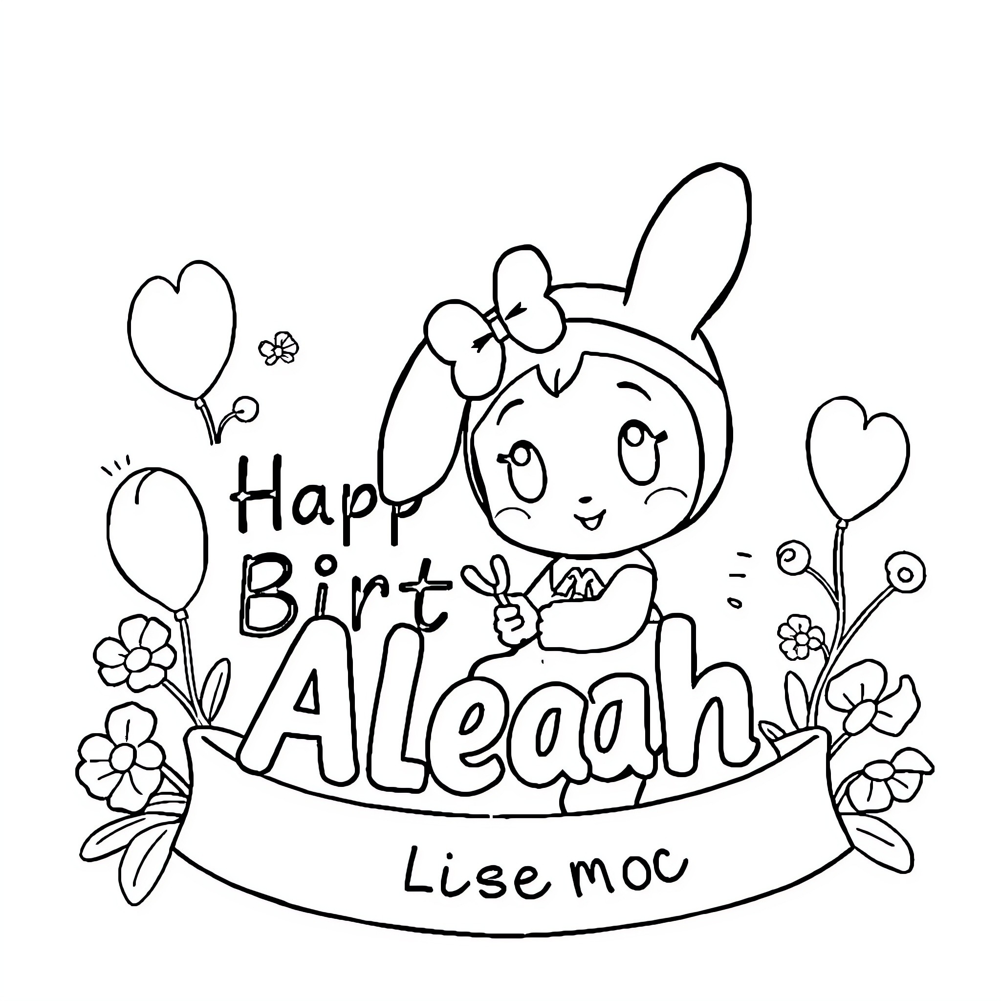 My Melody Celebrates a Happy Birthday Coloring Page (free black-and-white line drawing printable PDF for all, from beginners to advanced learners, including children, teens, adults, and seniors)